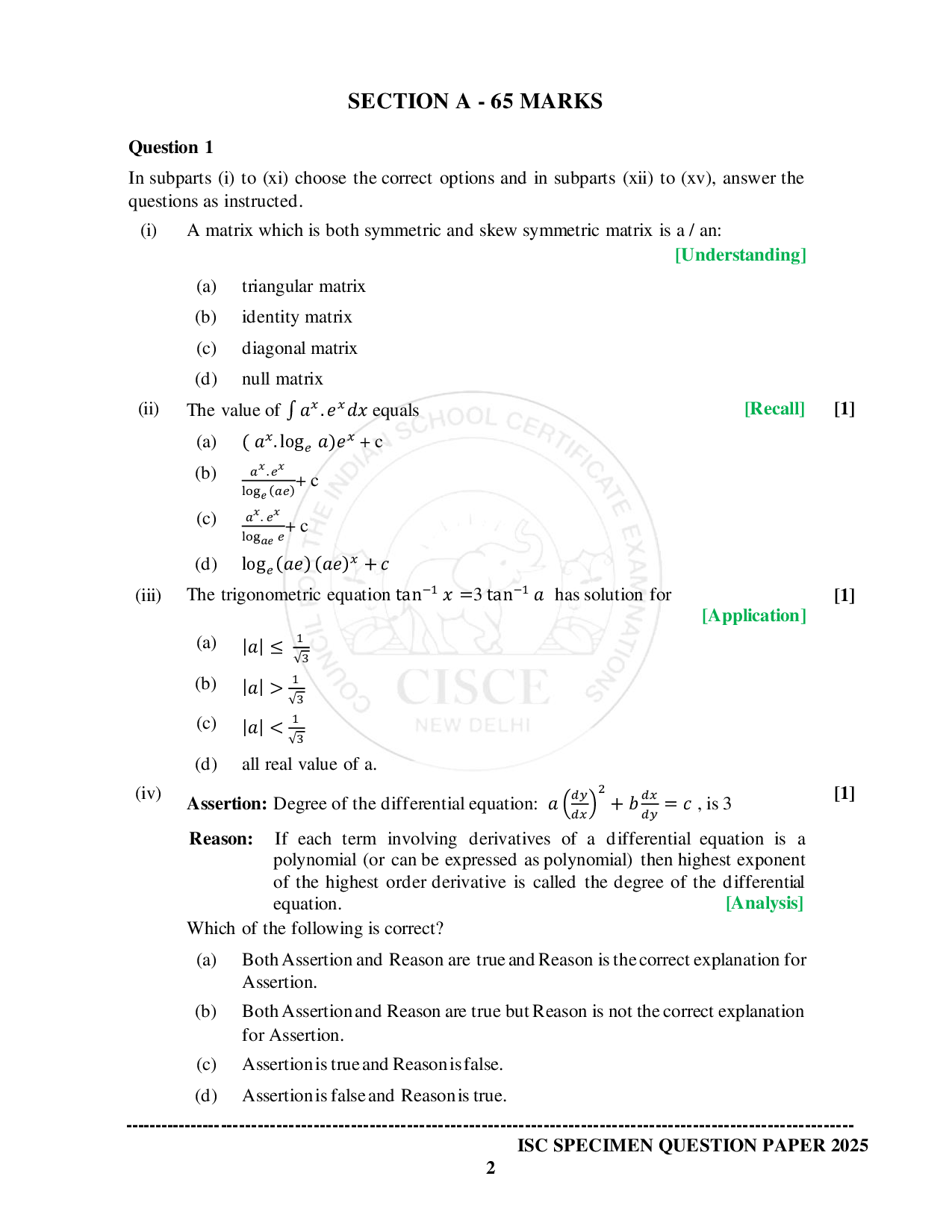 ISE Sample paper for Math’s