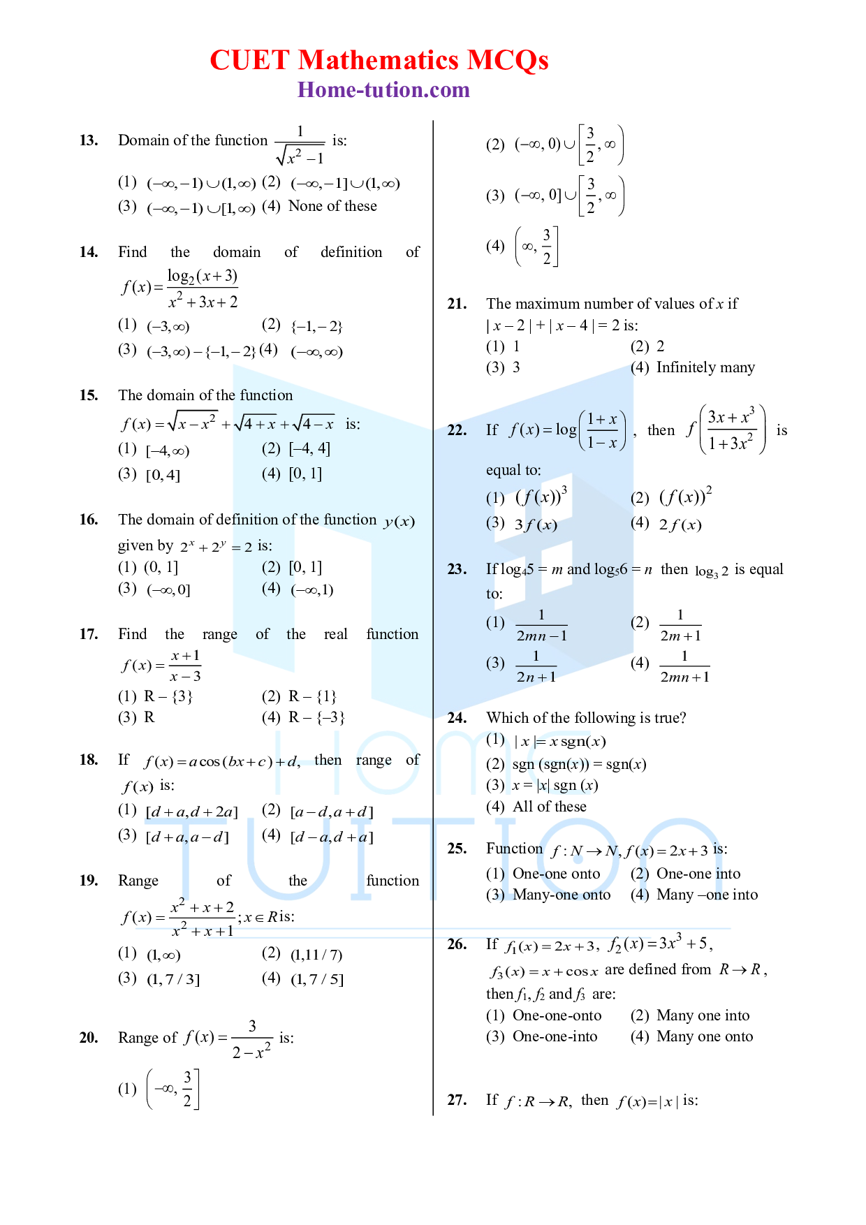CUET MCQ Questions For Maths Chapter-13 Relation and Function