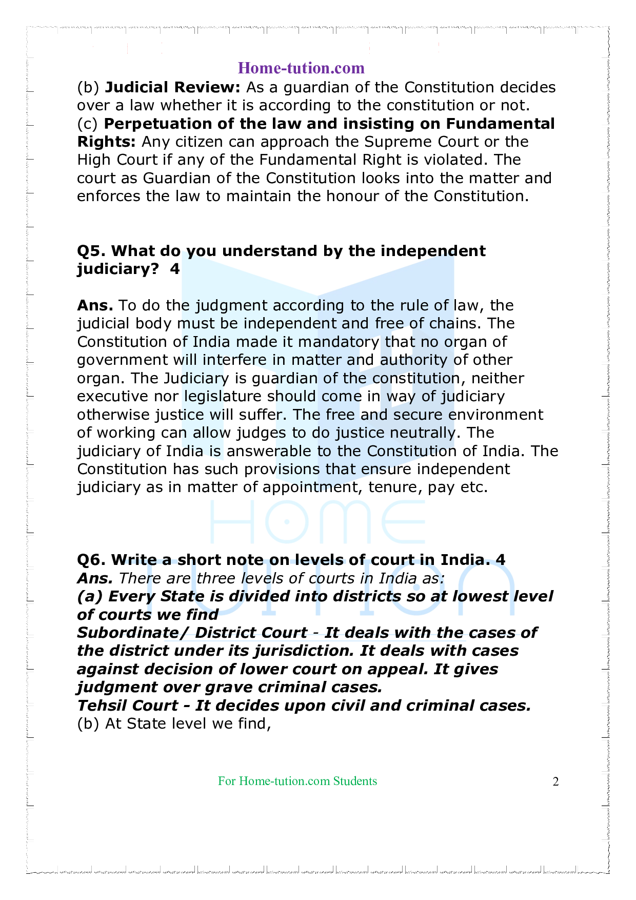 Important Questions on Class 8 Political Science (Civics) Chapter 5 Judiciary