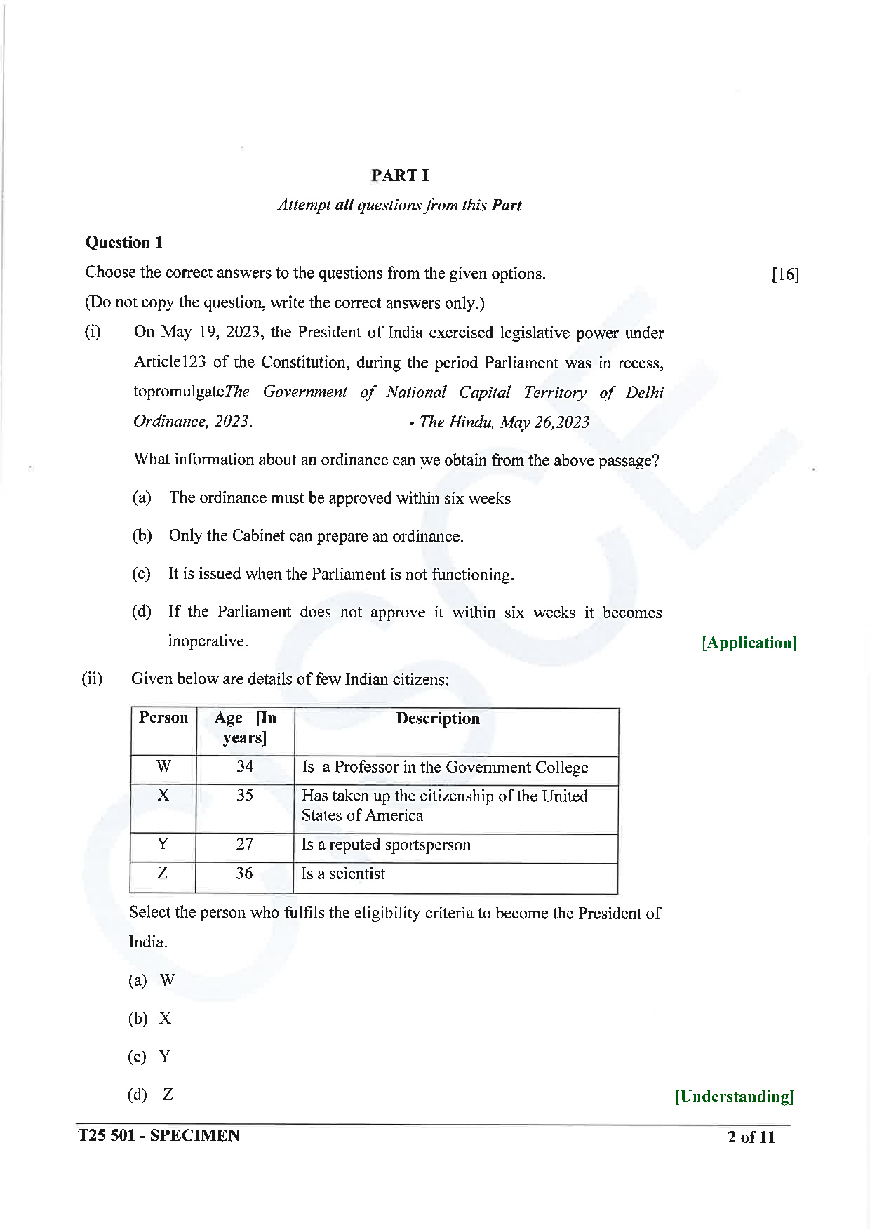 ICSE Board Sample Paper for class 10 History & Civics