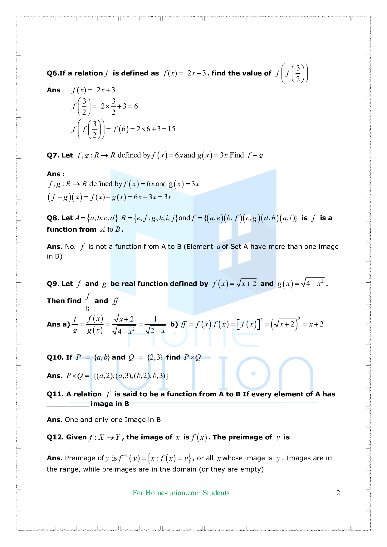 Important Questions For Class 11 Maths Chapter 2 Relations And Functions