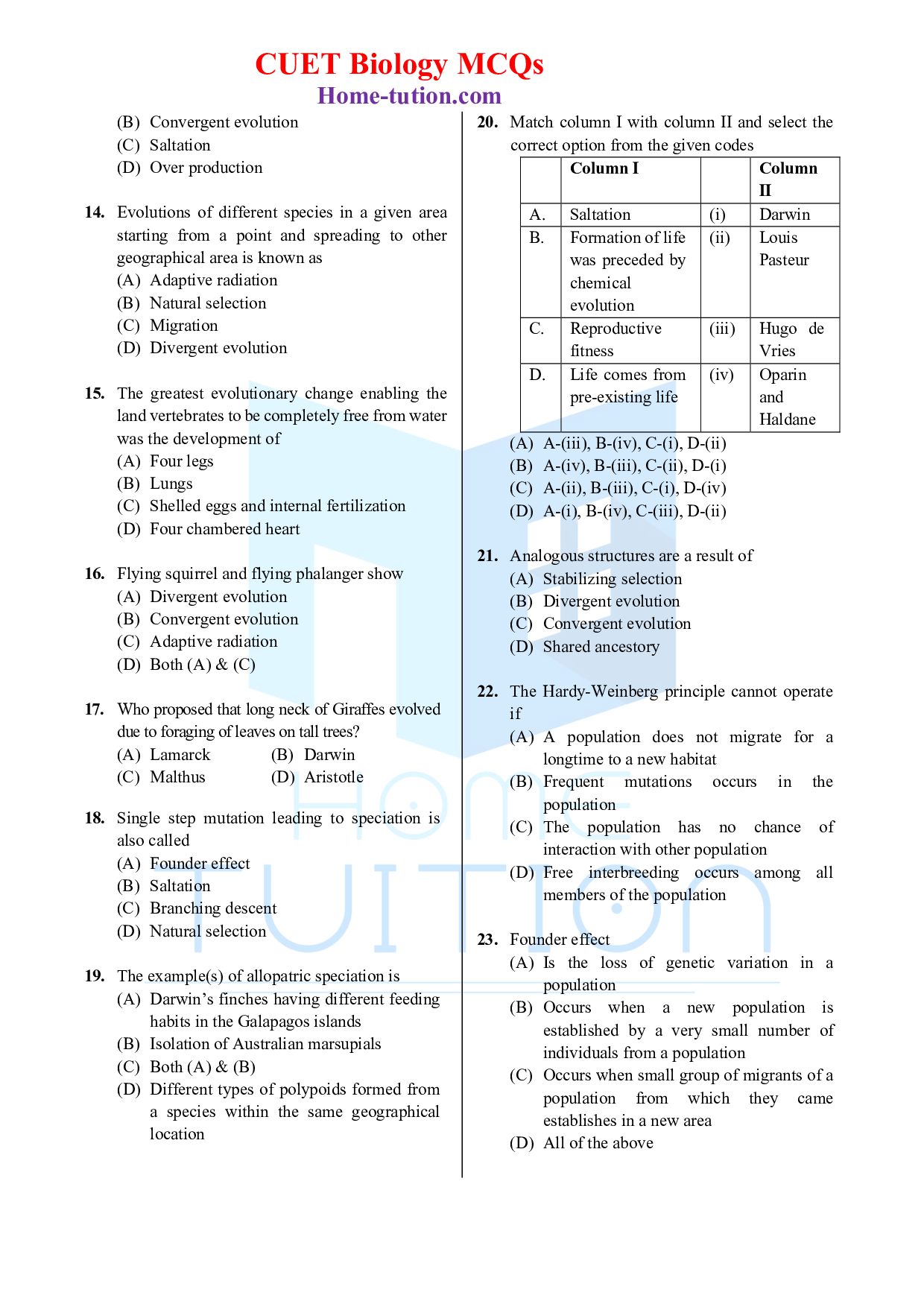Biology MCQ Questions for CUET Chapter 7 Evolution