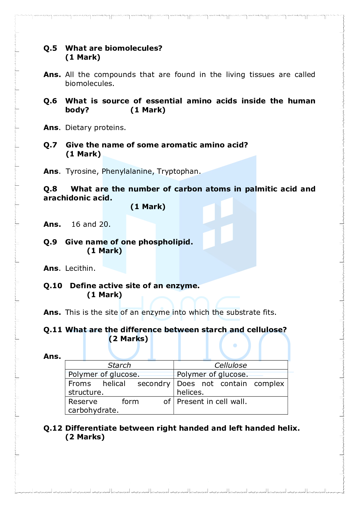 Chapter 9 Biomolecules Important Questions