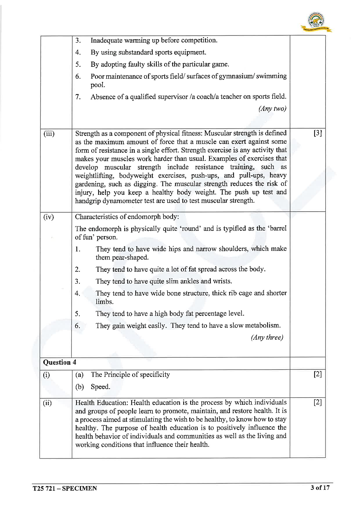 ICSE Board Sample Paper for class 10 Physical Education