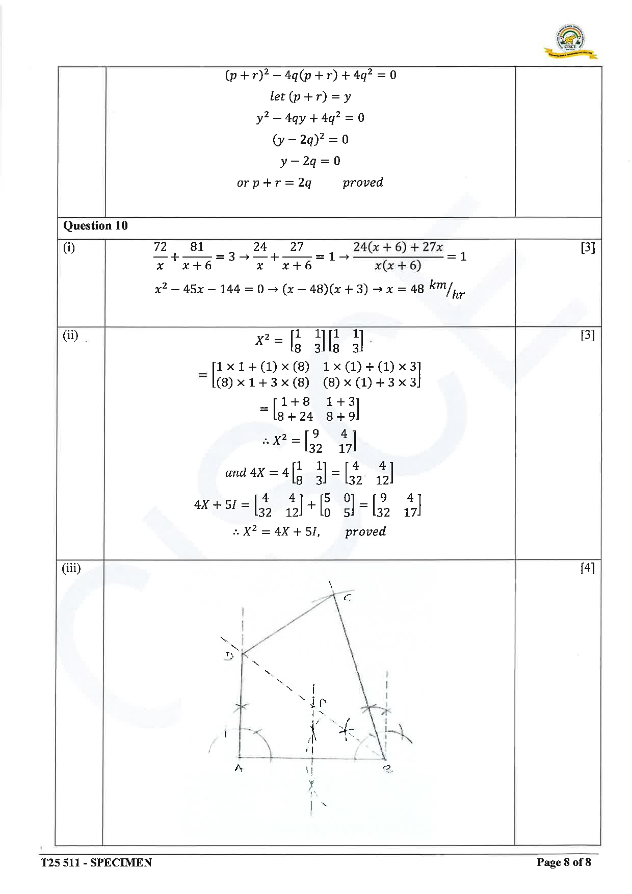 ICSE Board Sample Paper for class 10 Maths