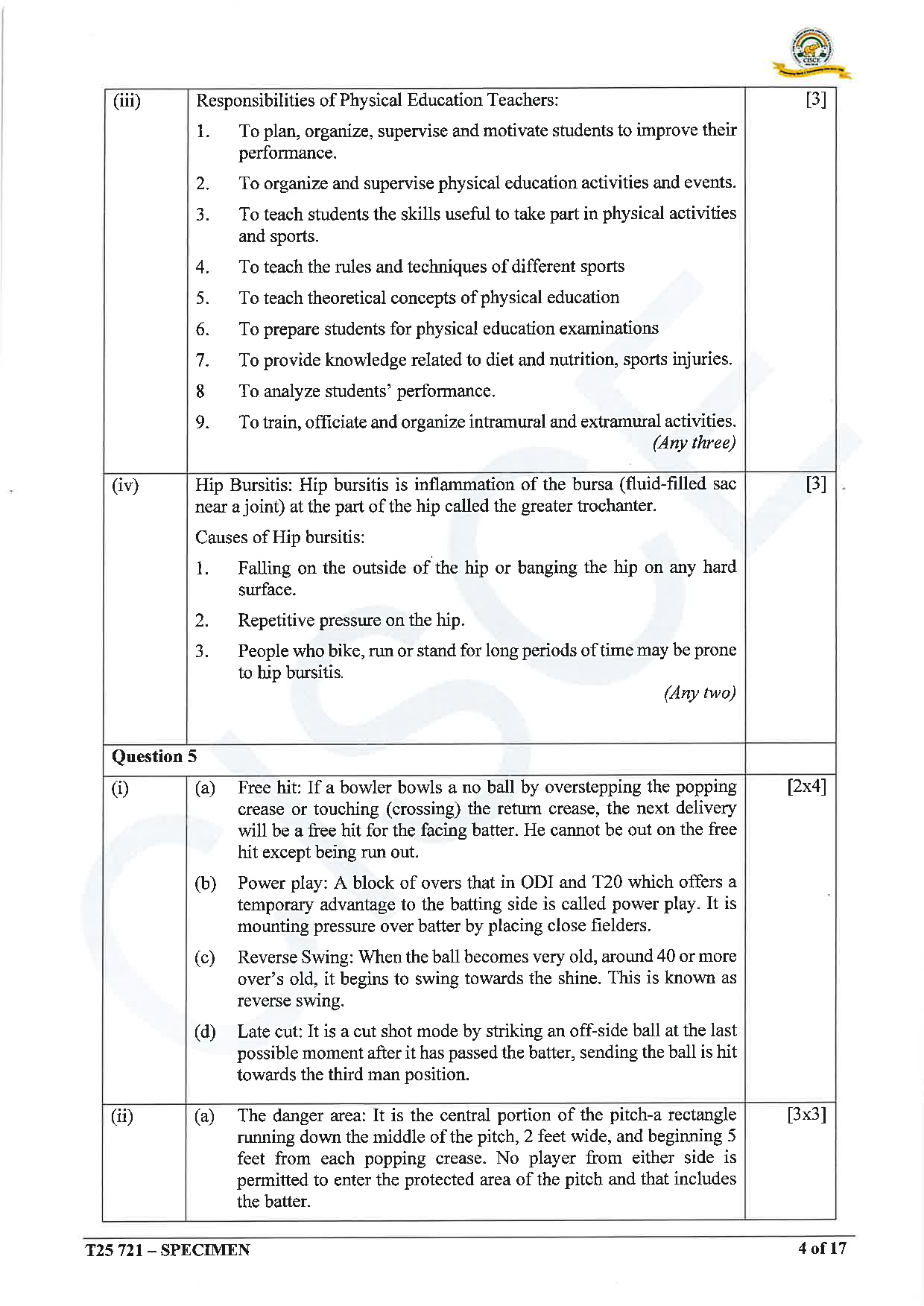 ICSE Board Sample Paper for class 10 Physical Education