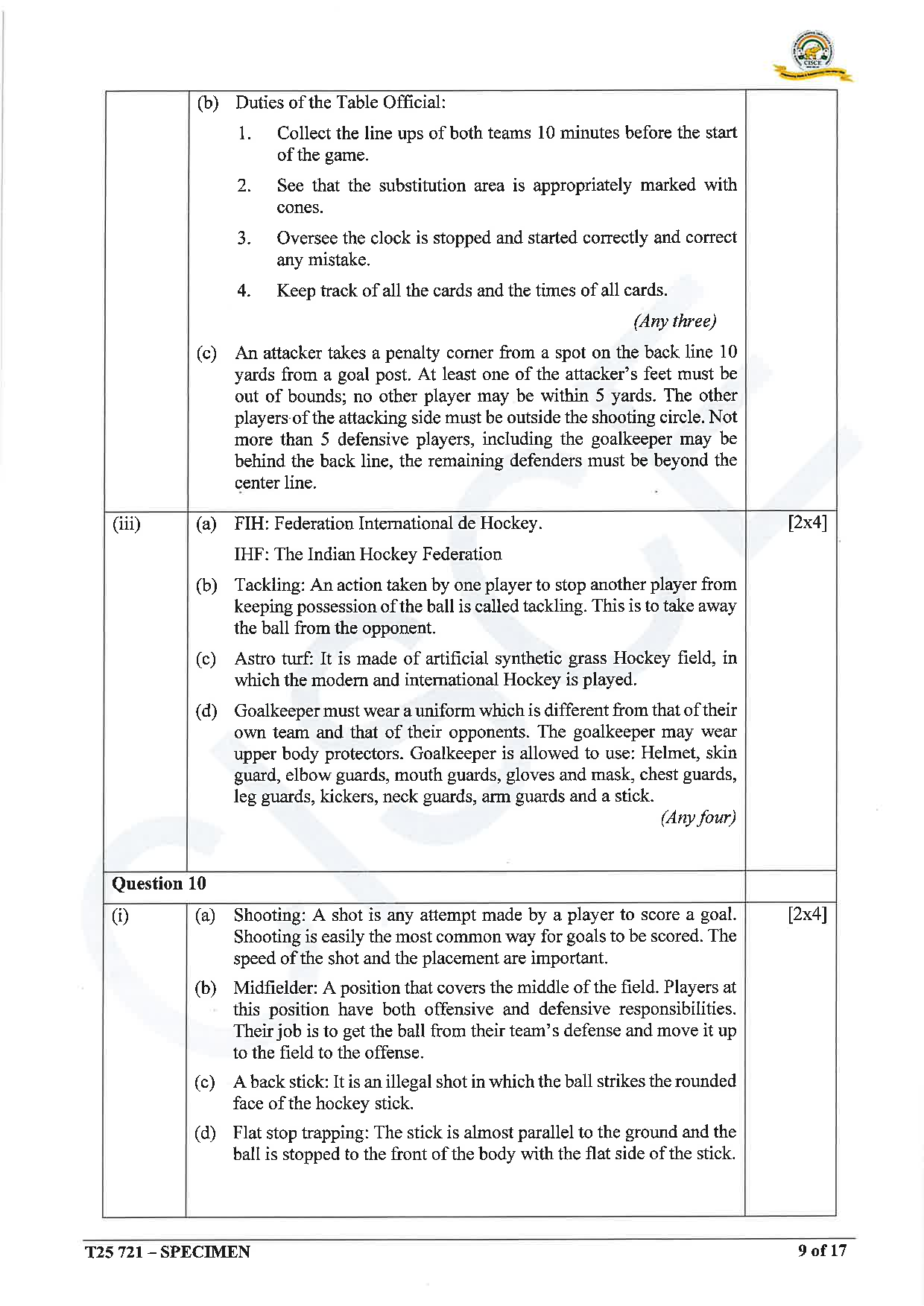 ICSE Board Sample Paper for class 10 Physical Education