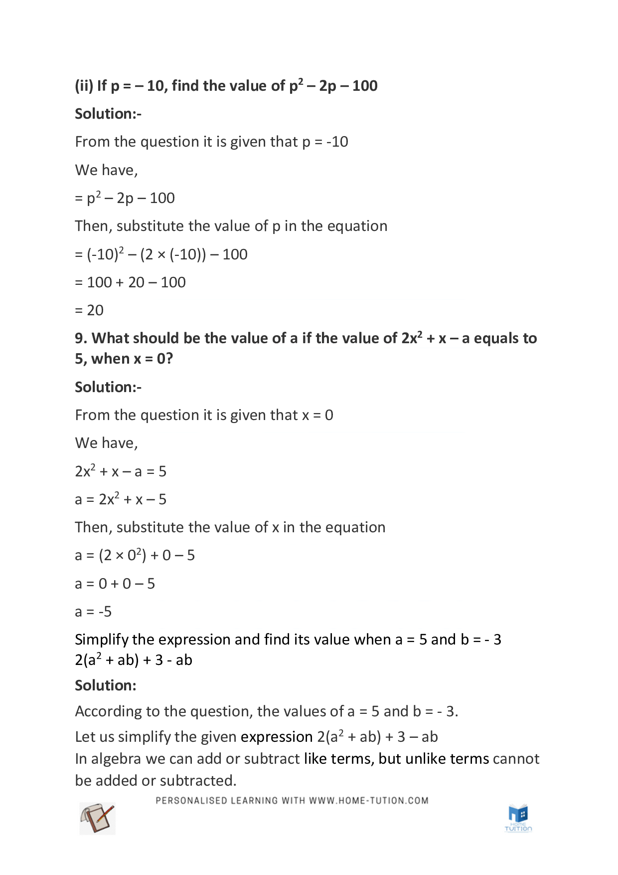 Class 7 Maths Chapter 12 Algebraic Expressions
