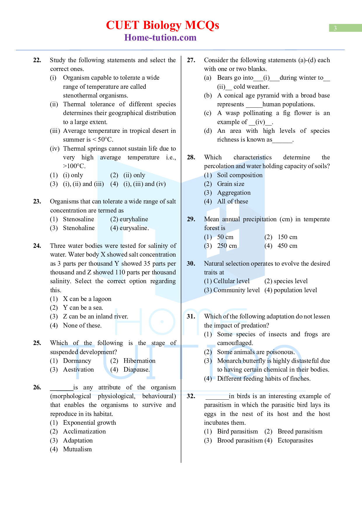 Biology MCQ Questions for CUET Chapter 13 Organisms and Populations