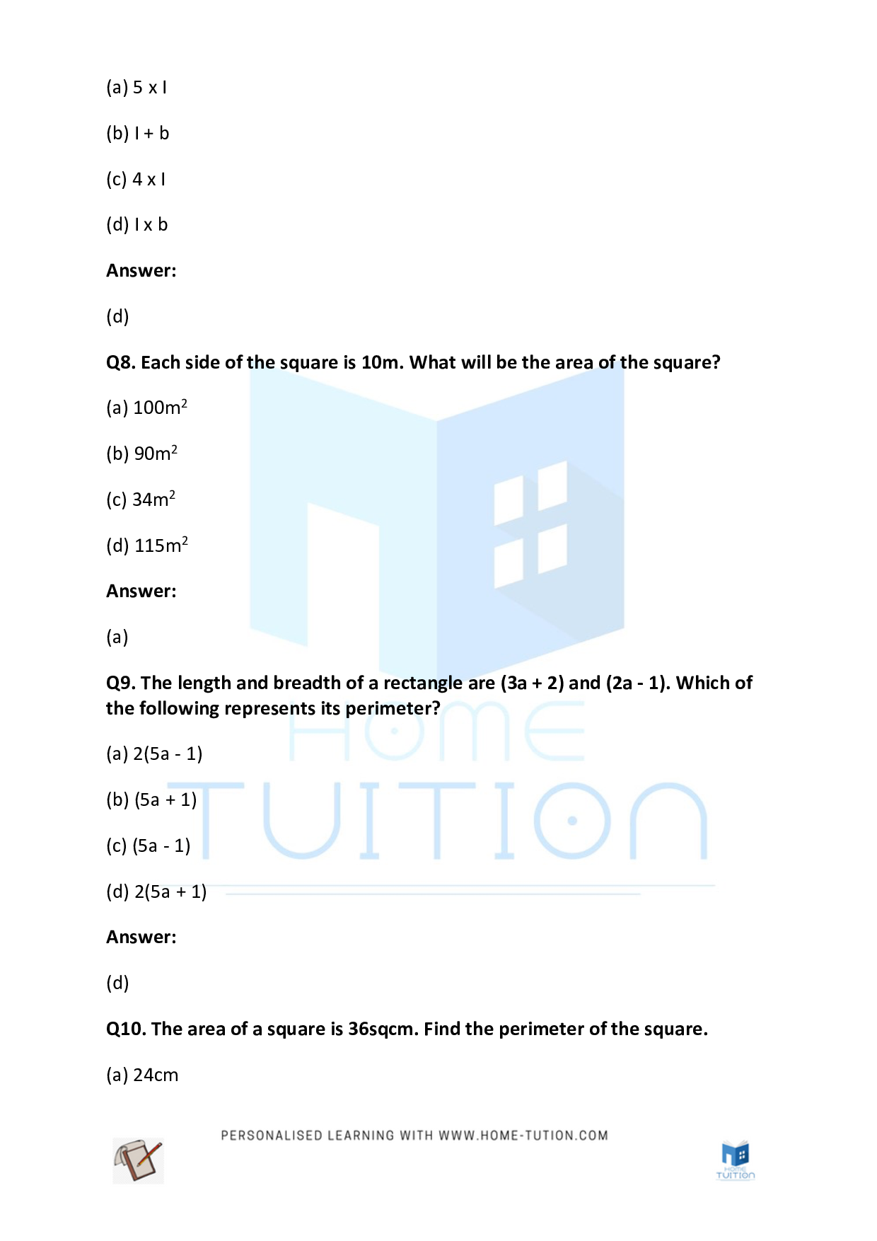 CBSE Class 5 Maths Perimeter and Area Worksheet with Answers PDF 