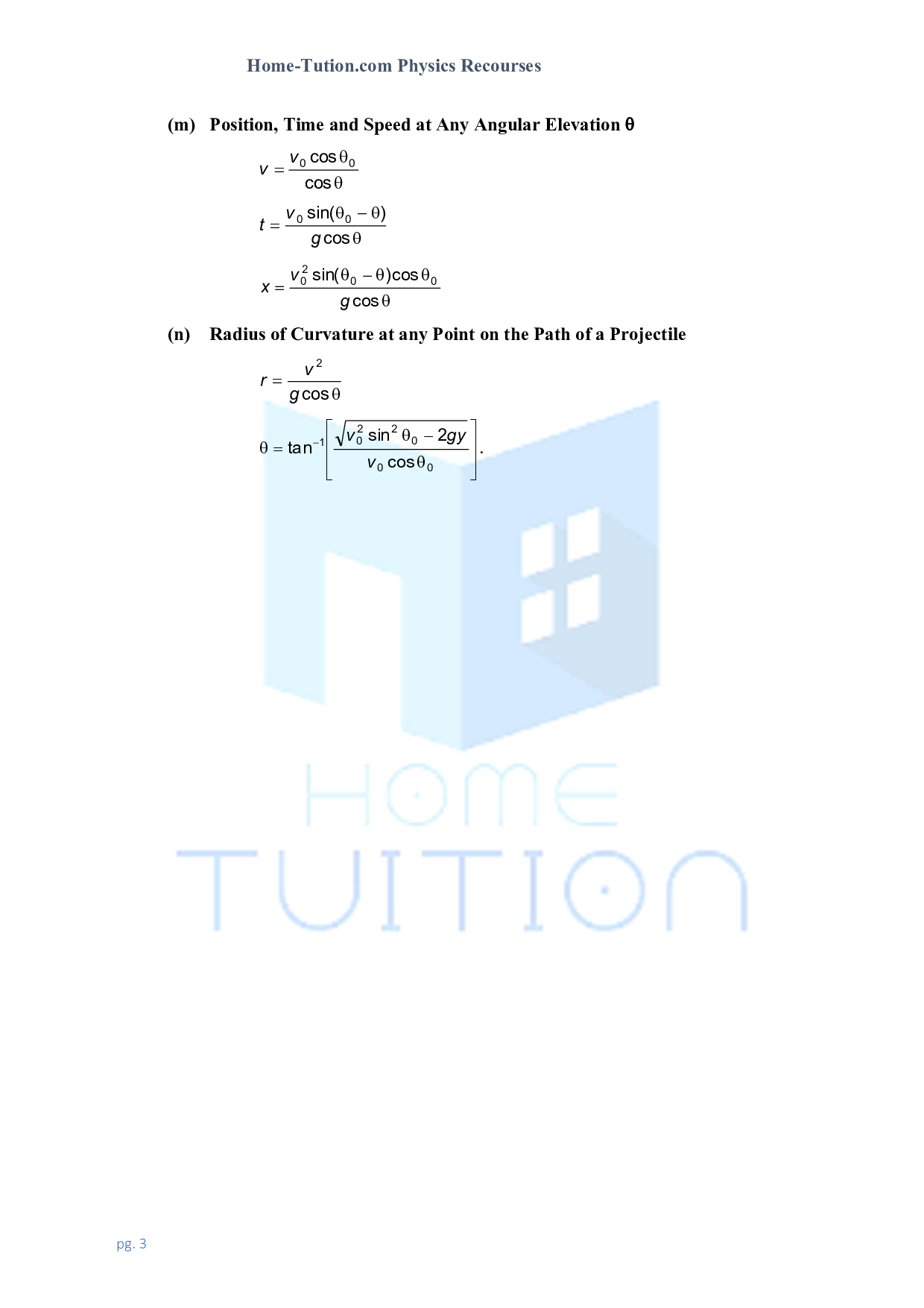 Formula for projectile motion