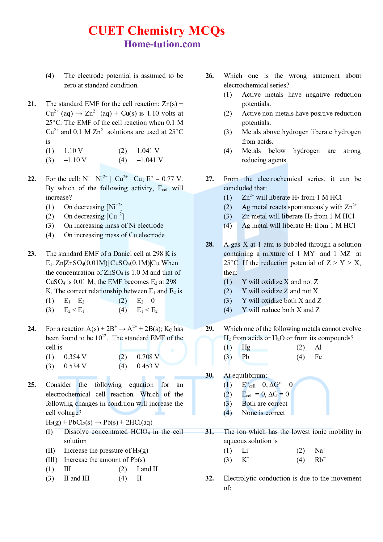 CUET MCQ Questions For Chapter-03 Electrochemistry