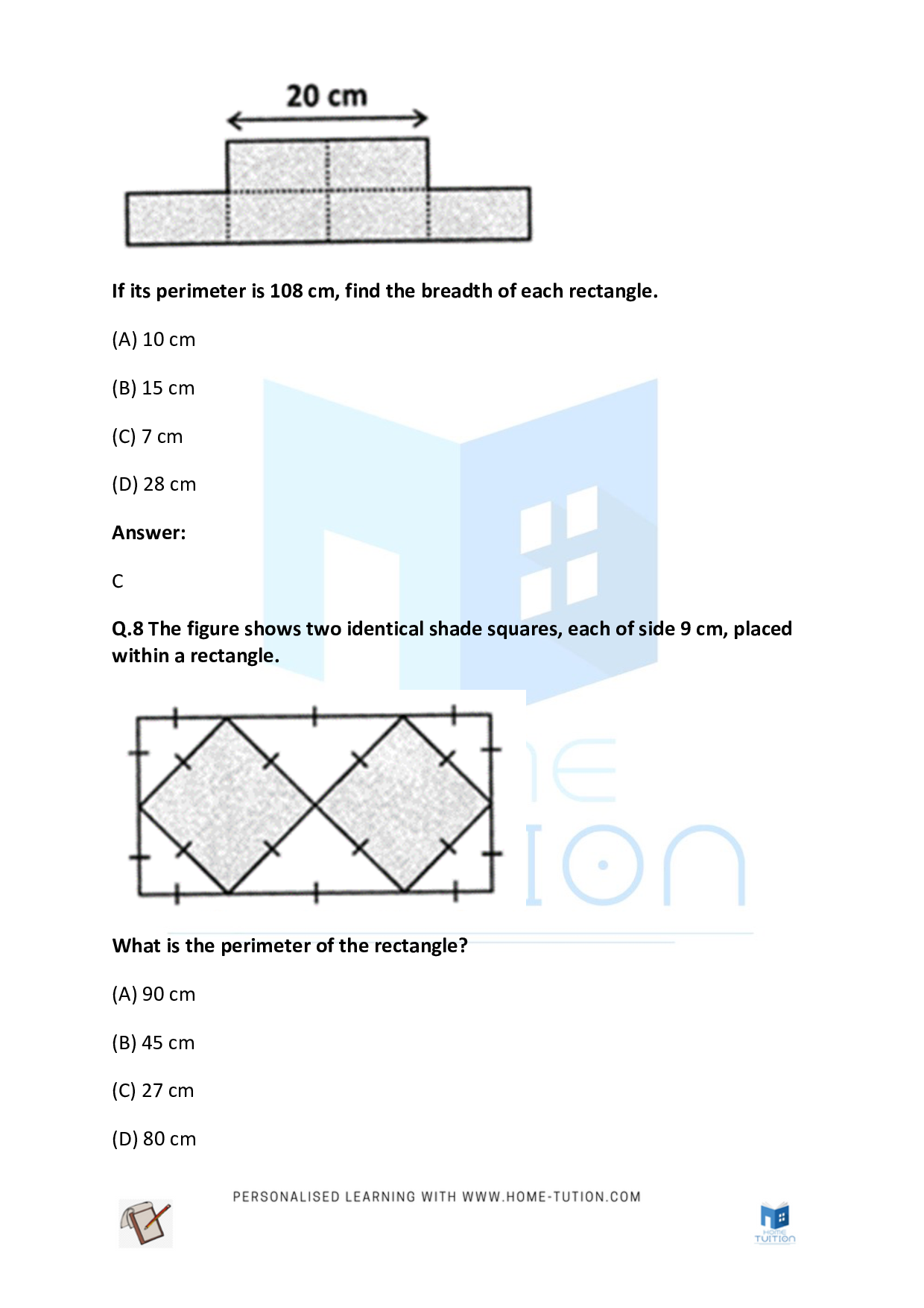 CBSE (NCERT) Class 4 Maths Area Perimeter and Volume Worksheet Questions with Answers 