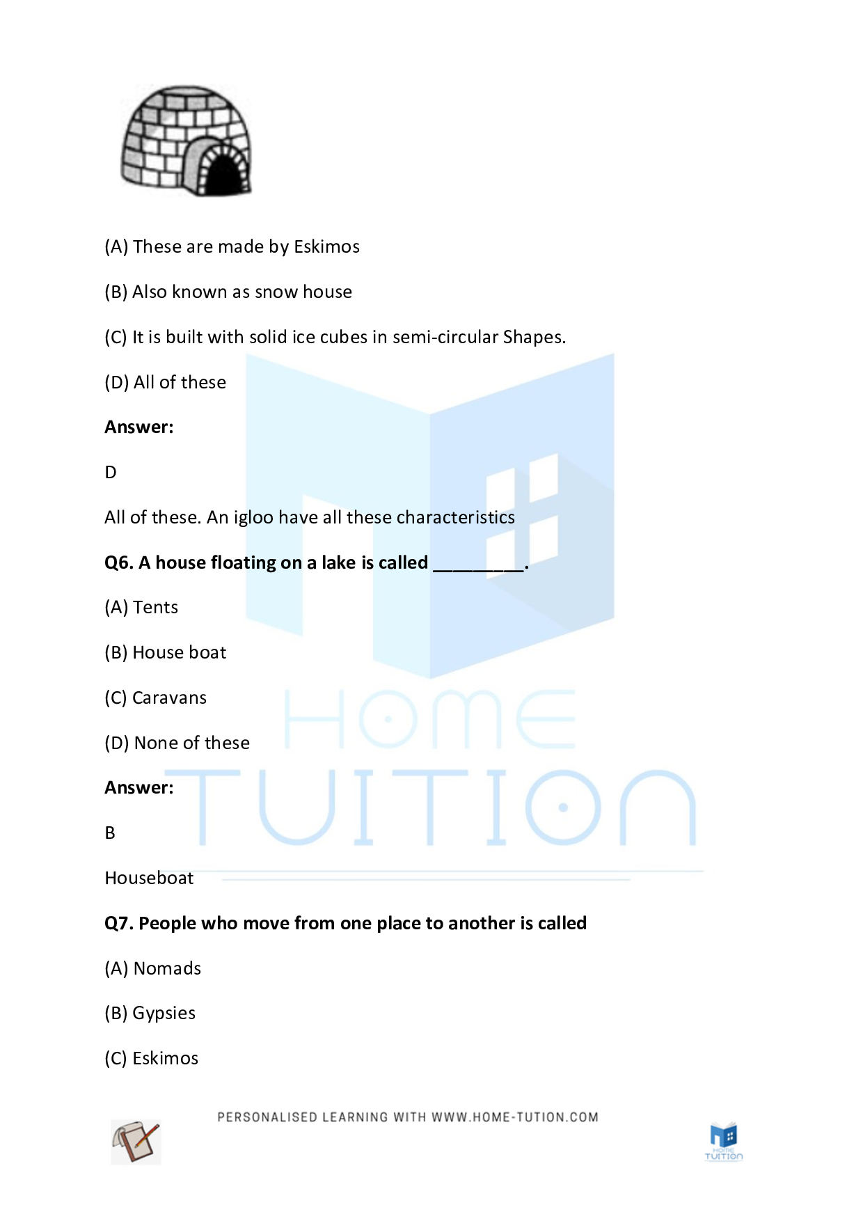 CBSE Class 2 Worksheet for EVS Chapter Housing Questions with Answers