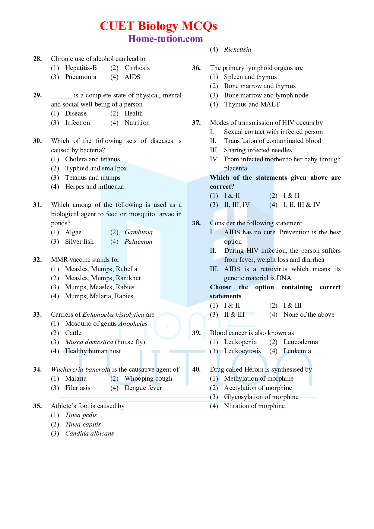 Biology MCQ Questions for CUET Chapter 8 Human Health and Diseases