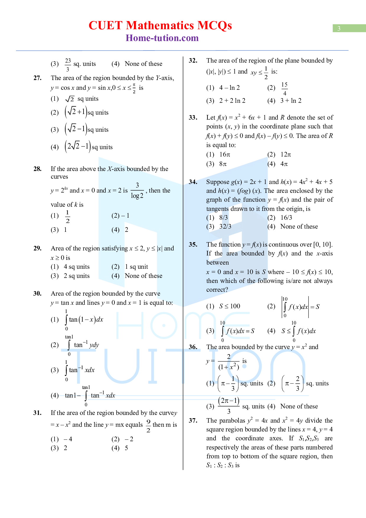 CUET MCQ Questions For Maths Chapter-2 Application of Integrals