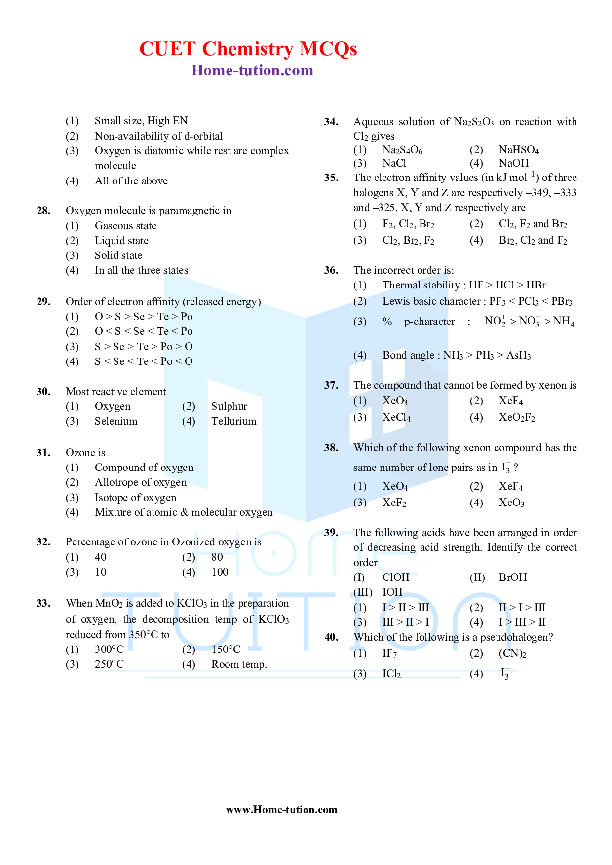 CUET MCQ Questions For Chapter-07 P Block Elements