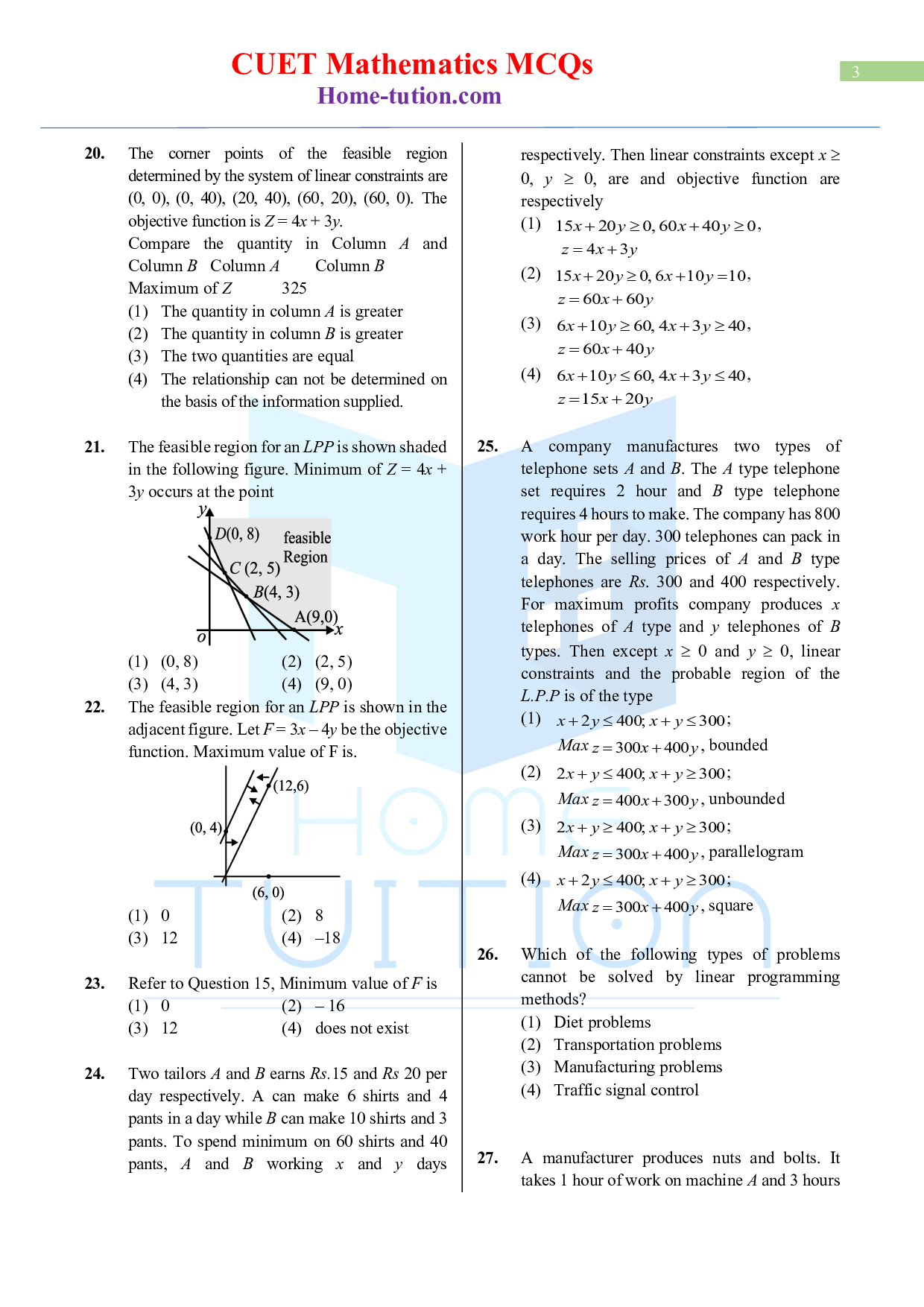 CUET MCQ Questions For Maths Chapter-9 Linear programming