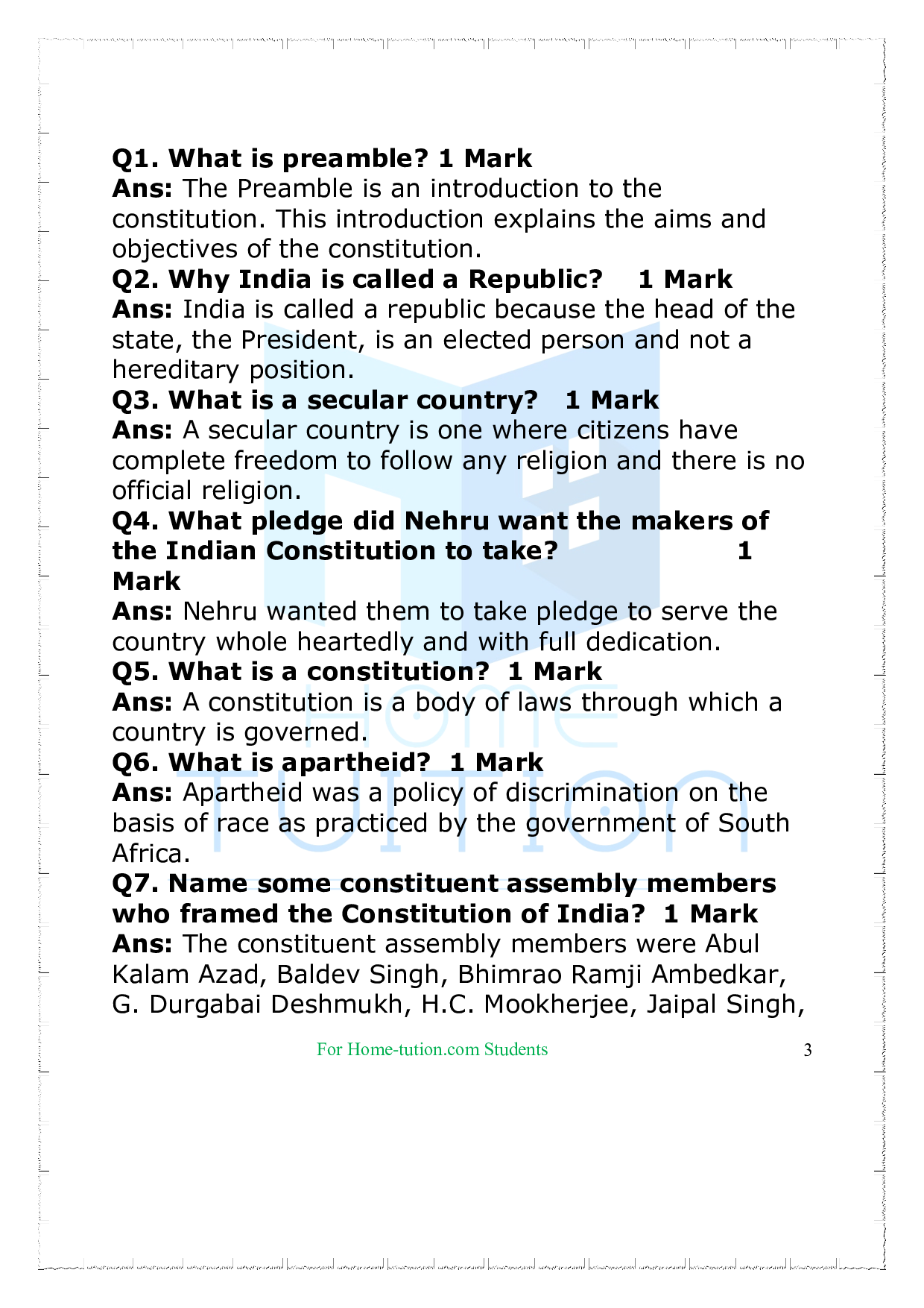 Questions for Class 9 Civics Chapter 2 Constitutional Design