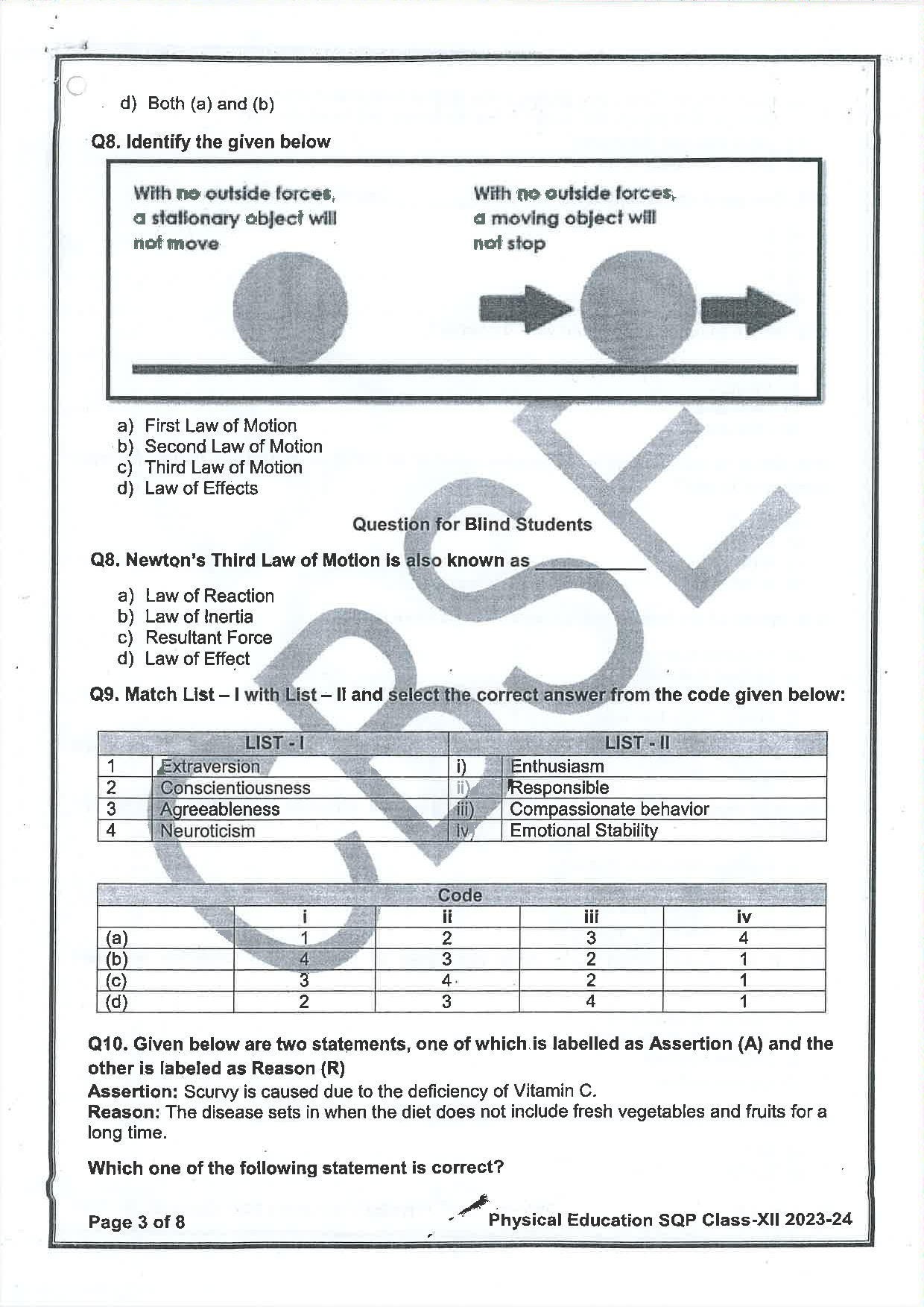 Class 12 Sample Papers for Physical Education