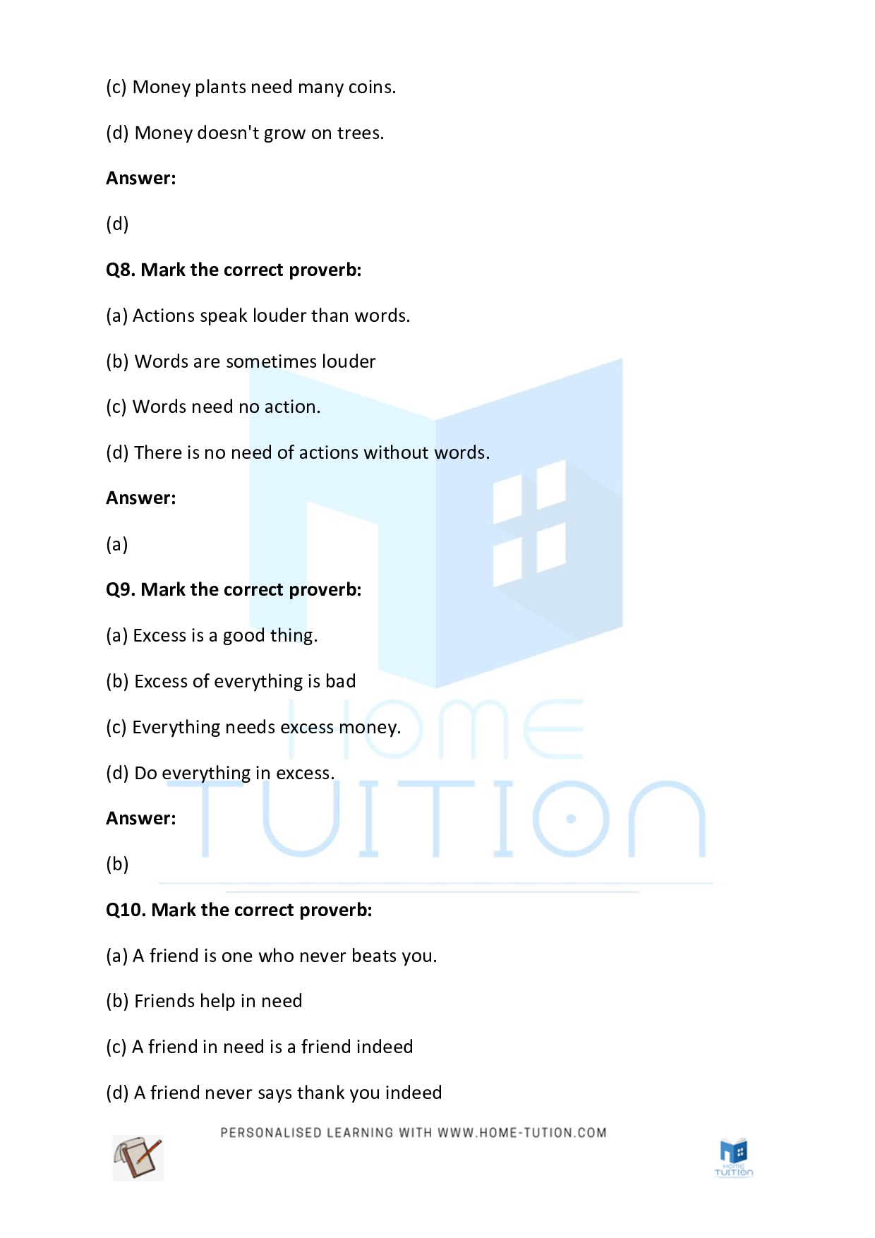 CBSE Class 3 English Idioms, Phrases and Proverbs Worksheet with Answers - Download Free Printable PDF
