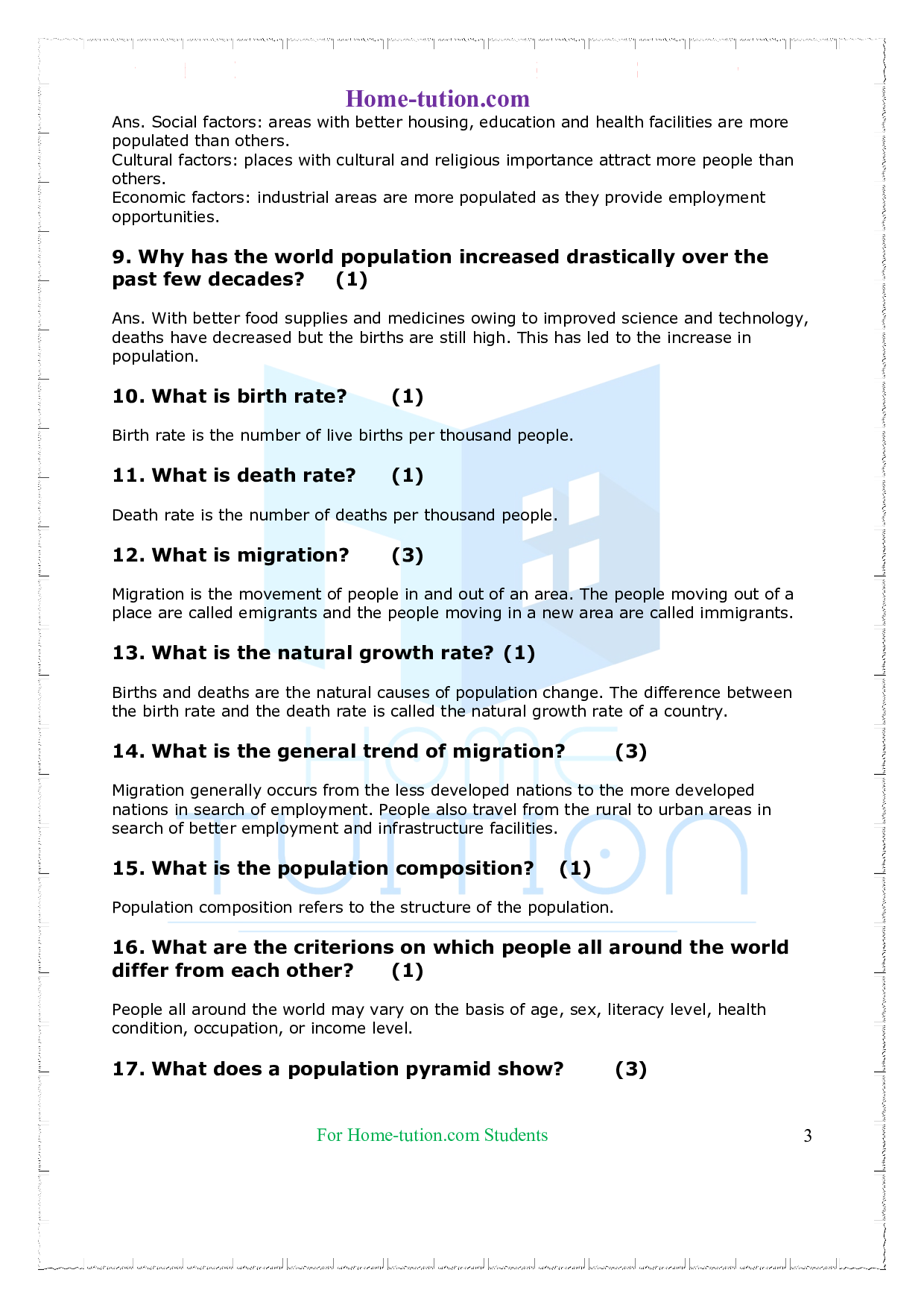 Important Questions on Class 8 Geography Chapter 6 Human Resources