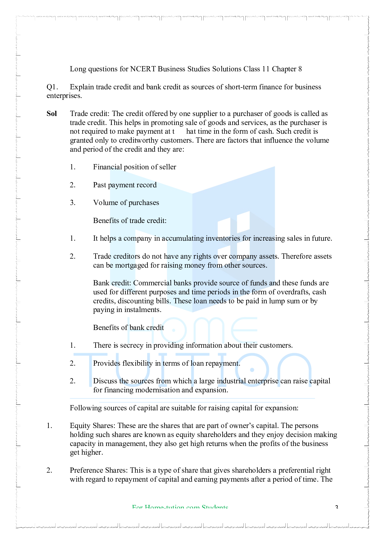 NCERT Solutions for Chapter 8-Sources of Business Finance