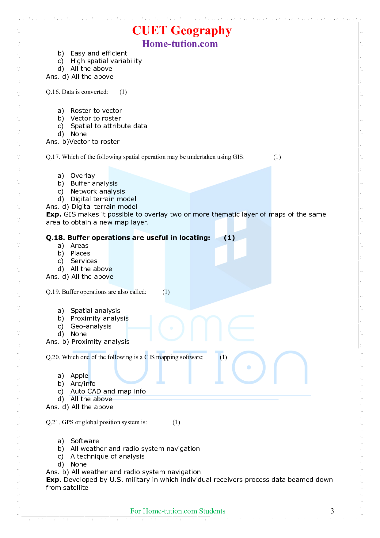 MCQ Questions For CUET Geography Chapter 6 Spatial Information Technology