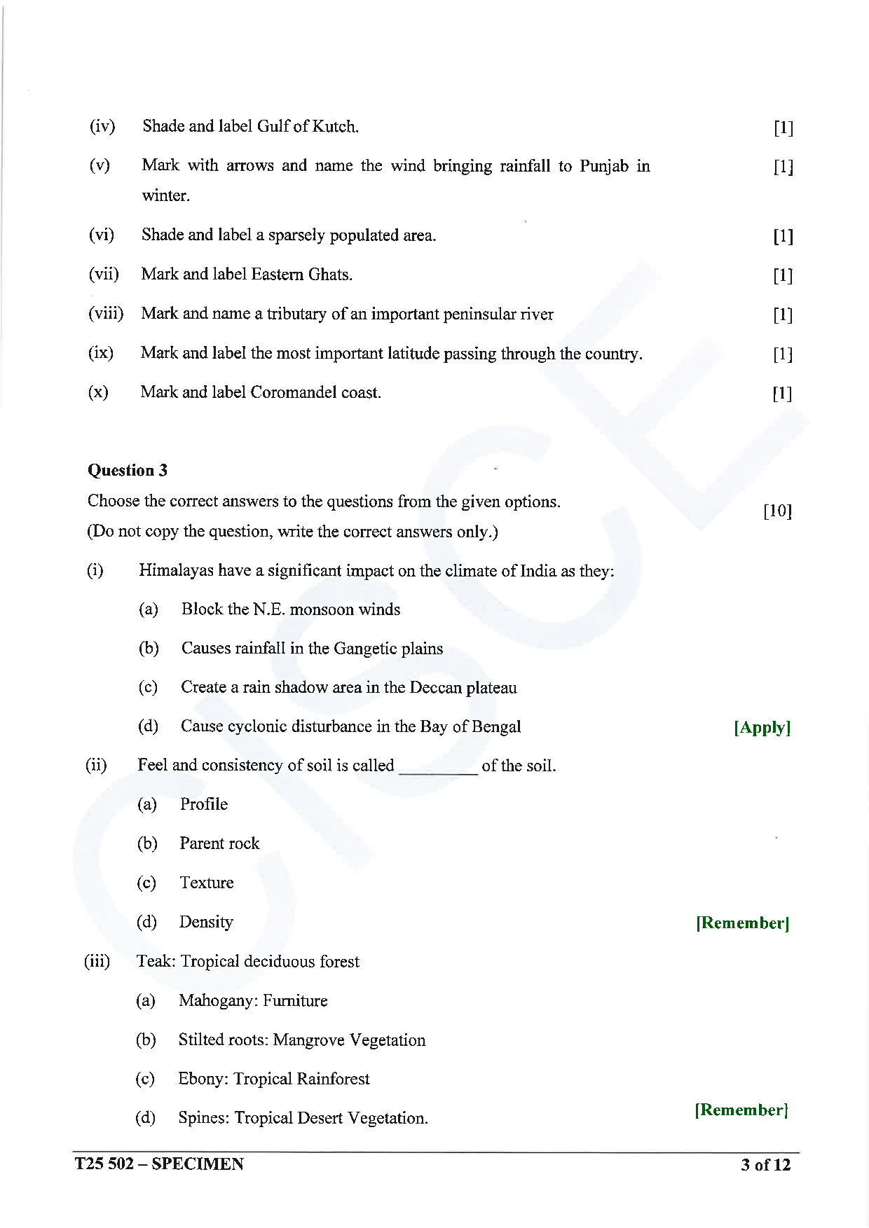 ICSE Board Sample Paper for class 10 Geography