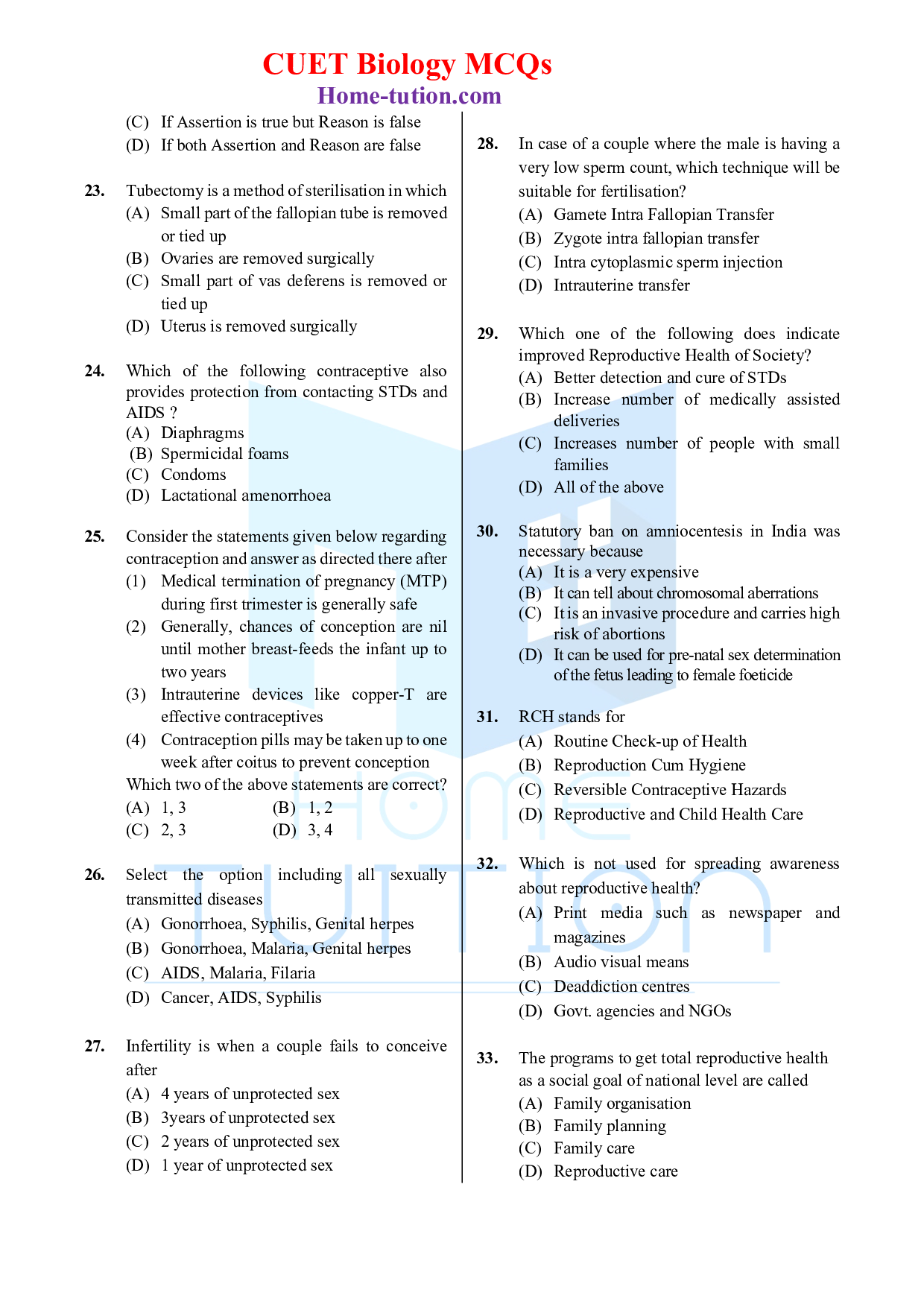 Biology MCQ Questions for CUET Chapter 4 Reproductive Health