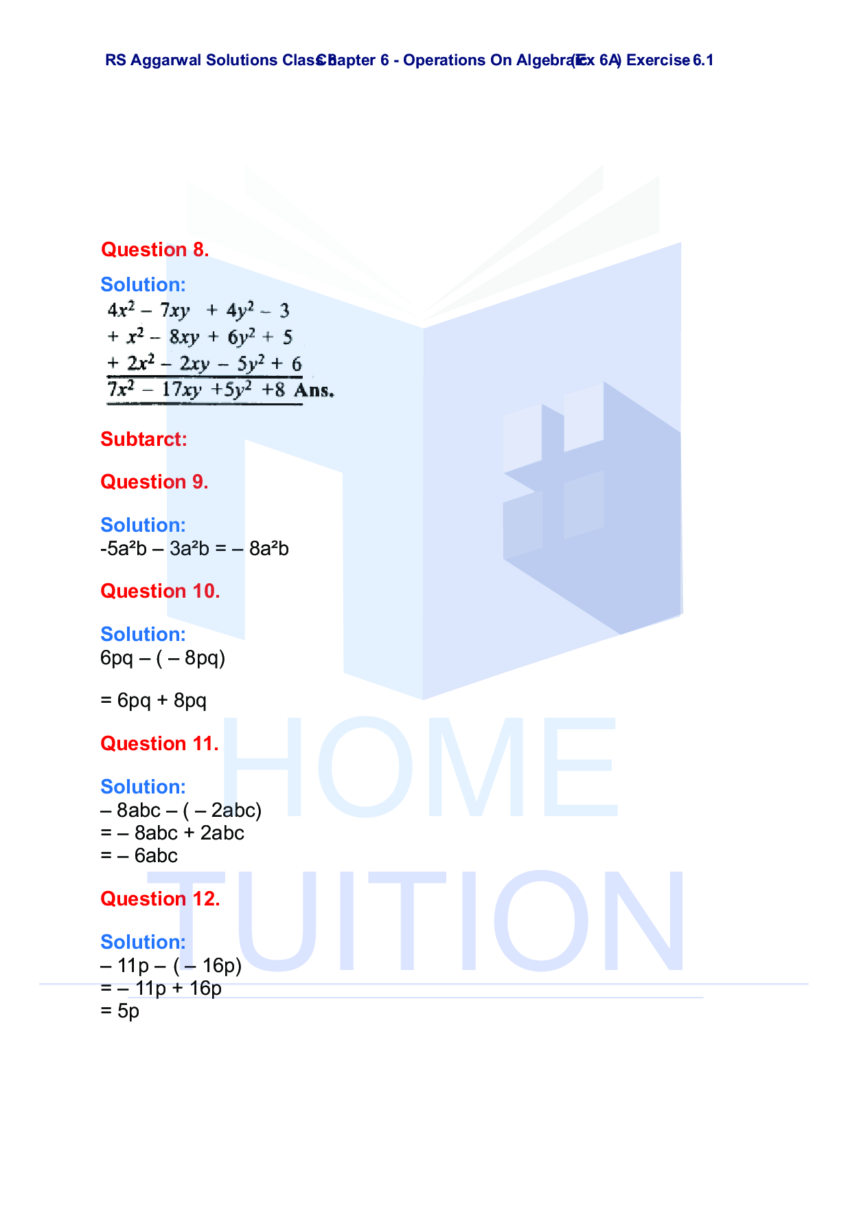 Chapter-6 Operations on Algebraic Expressions