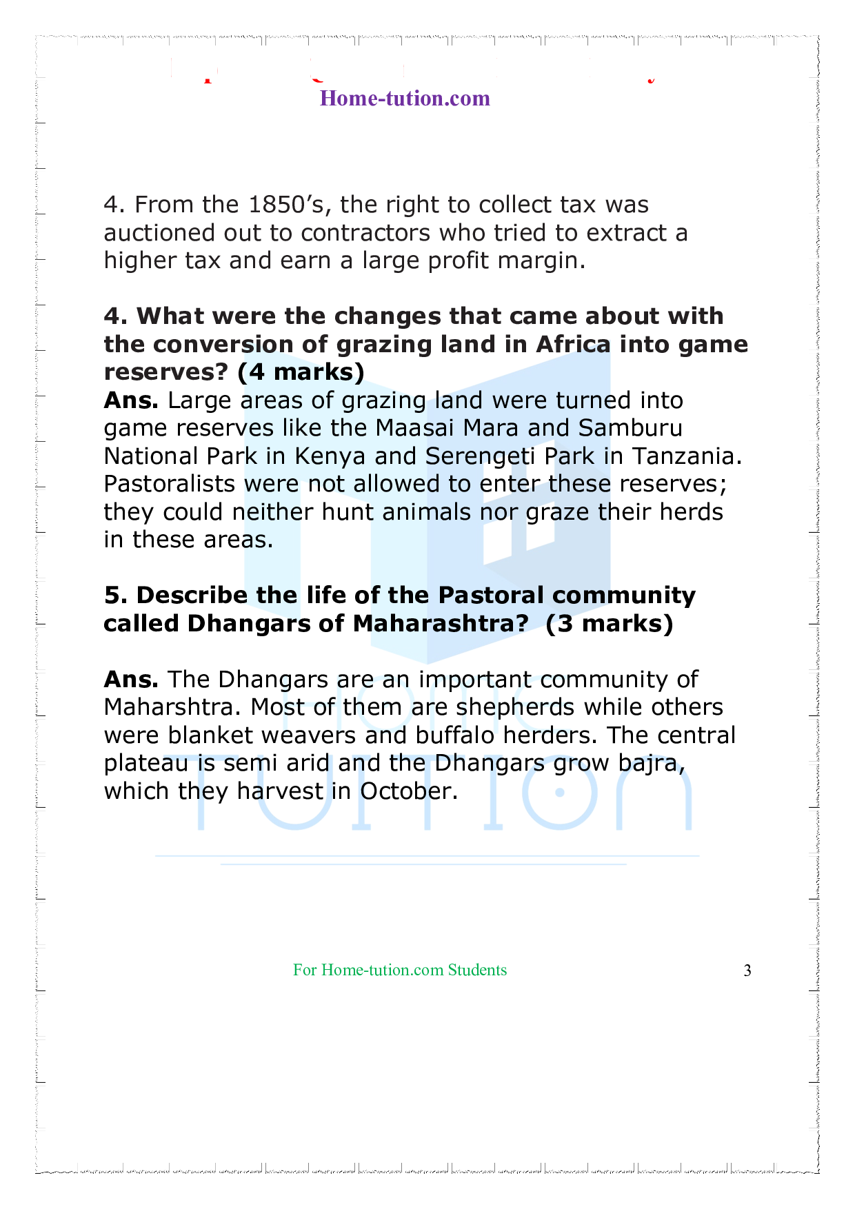 Questions for Class 9 History Chapter 5 Pastoralists in the Modern World