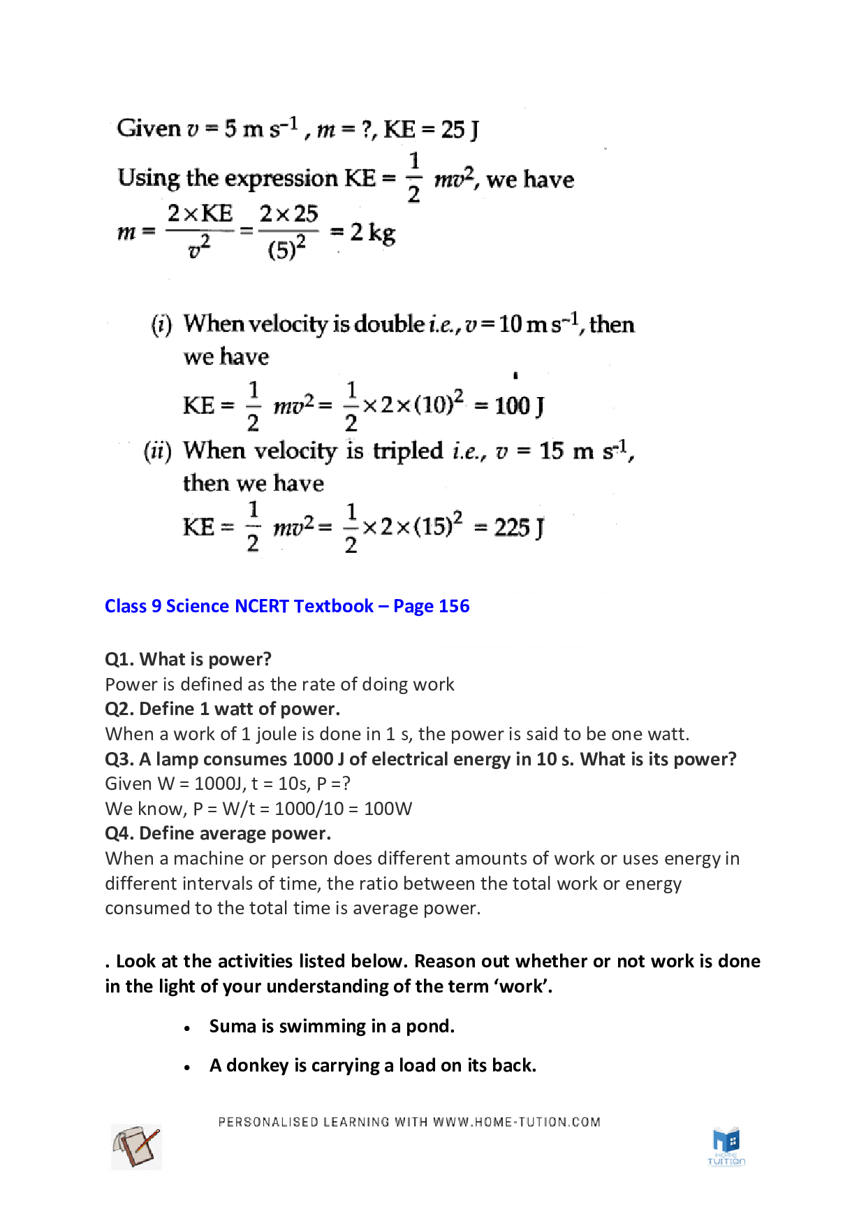 NCERT Solutions For Class 9 Science Chapter 11 Work And Energy