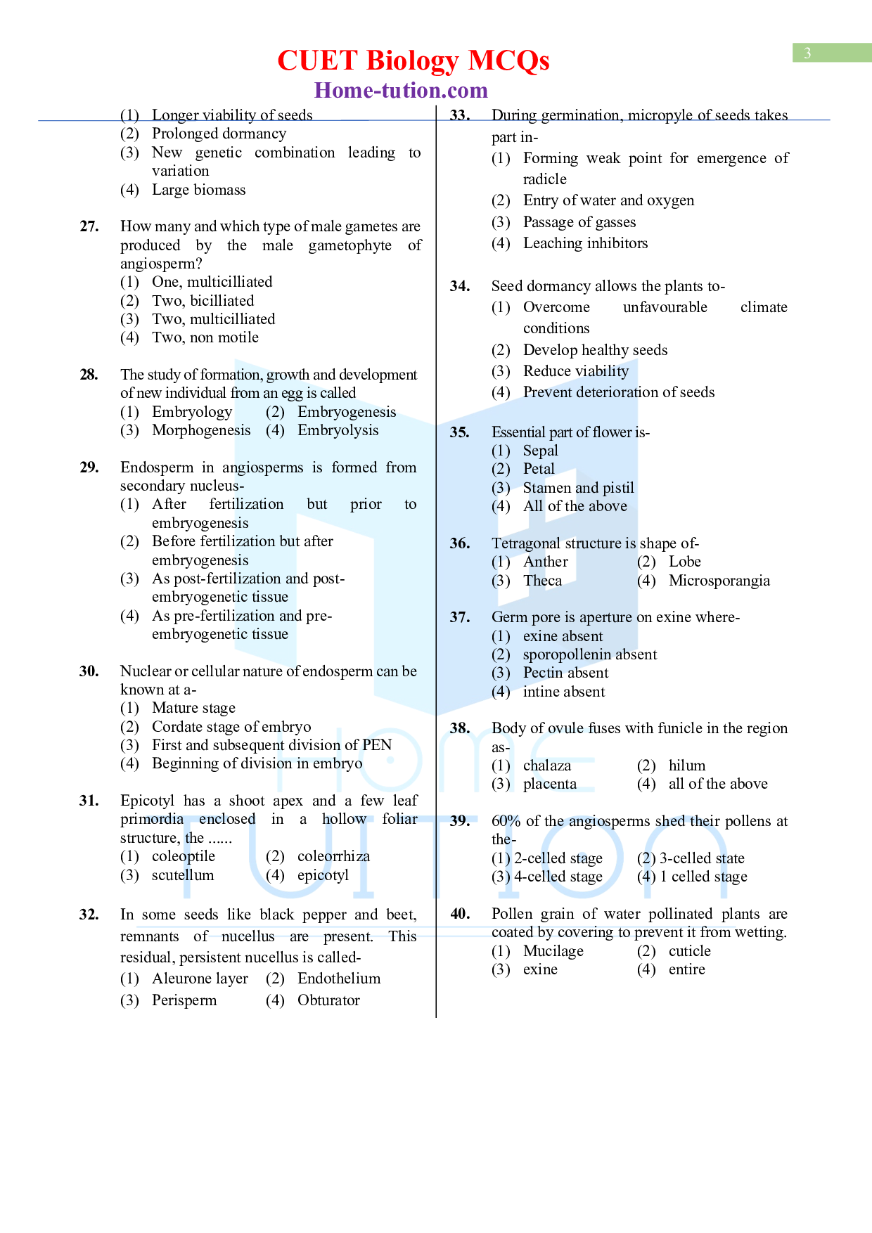 Biology MCQ Questions for CUET Chapter 2 Sexual Reproduction in Flowering Plants