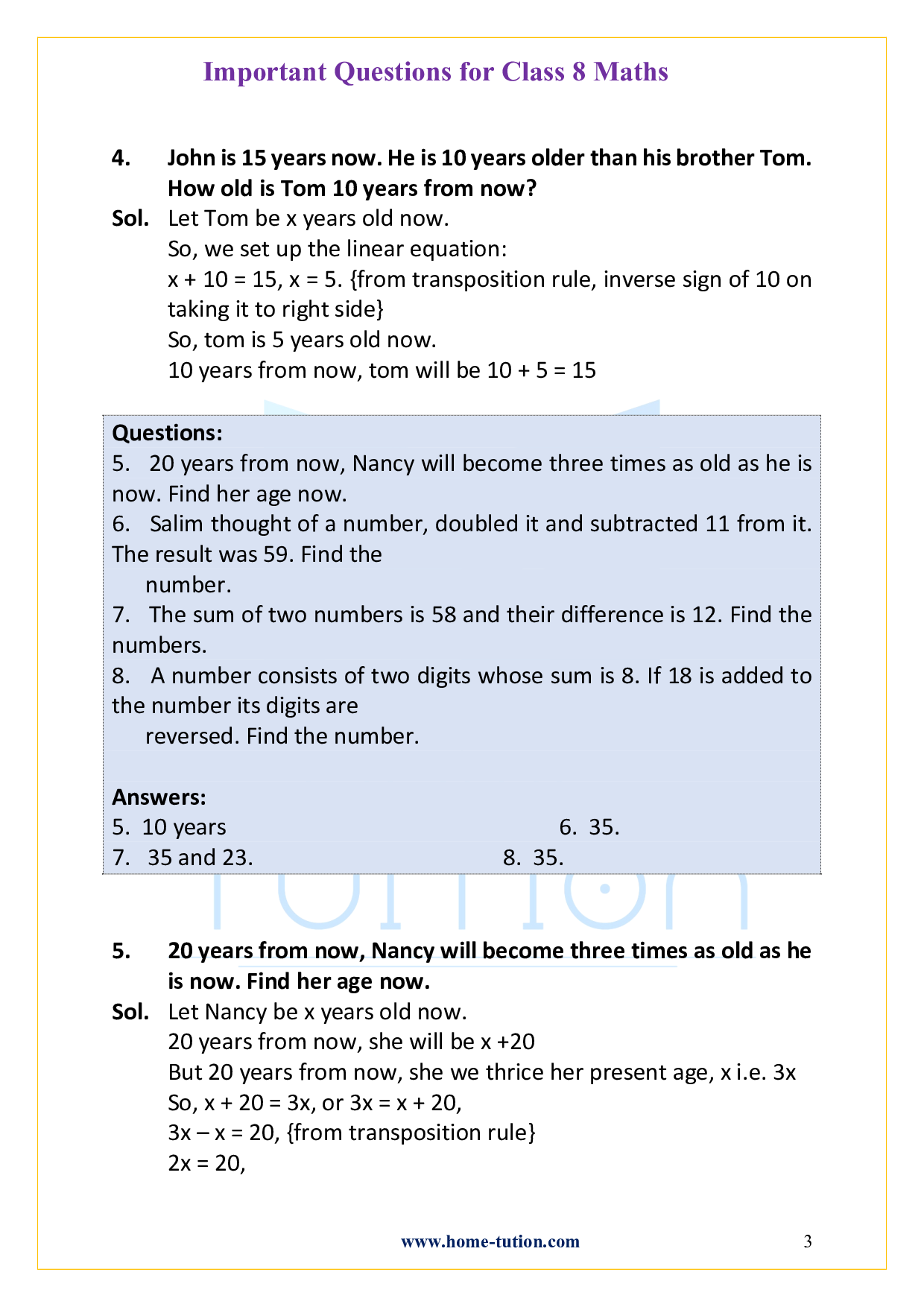 Important Questions for Chapter 2-Linear Equations in One Variable