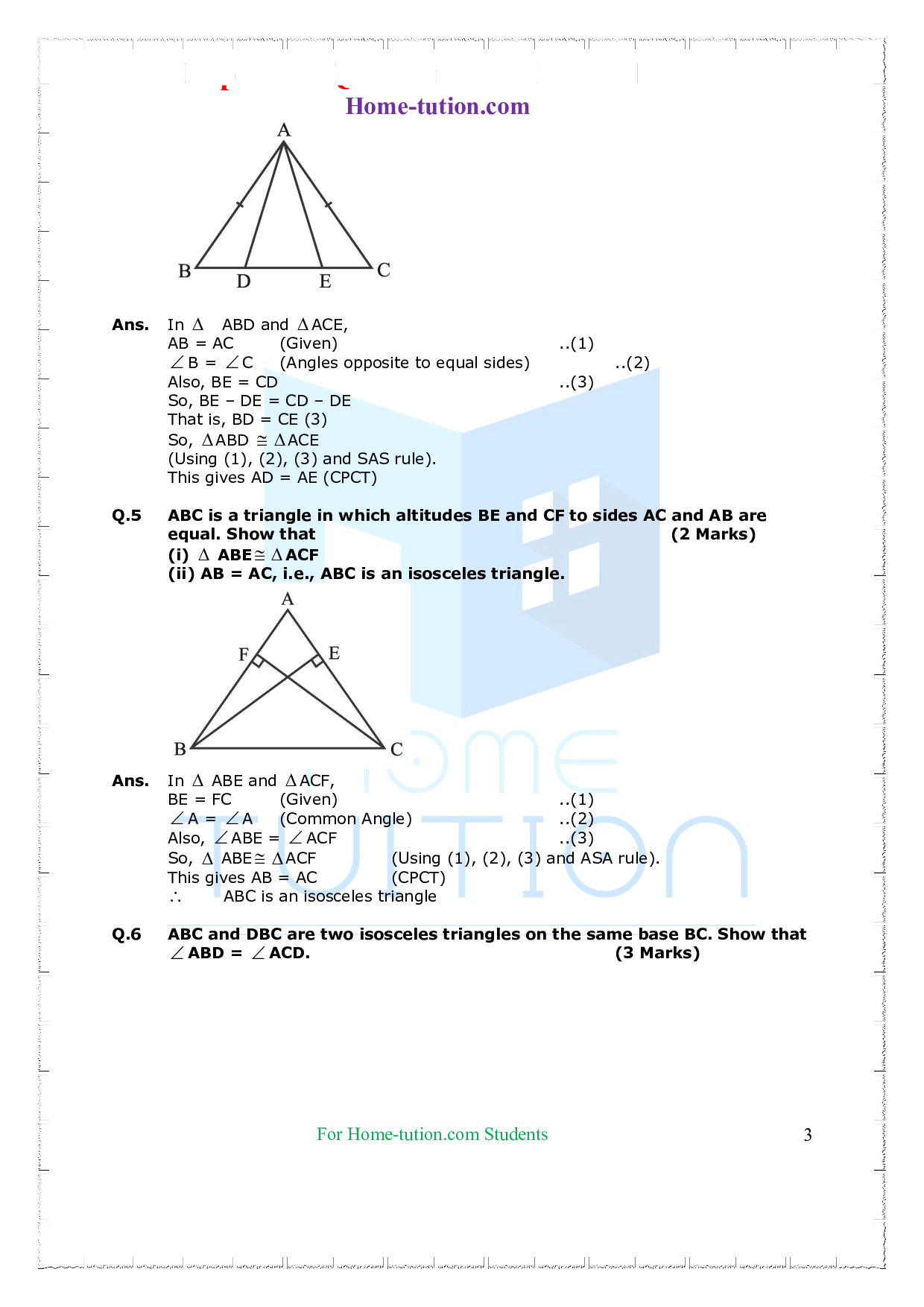 Questions for Class 9 Maths Chapter 7 Triangles