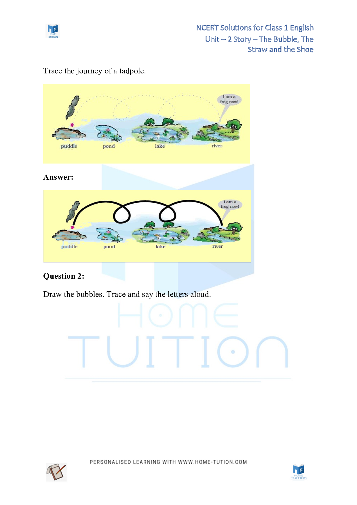 NCERT Solutions for Class 1 English Unit 2 Story - The Bubble, the Straw and the Shoe