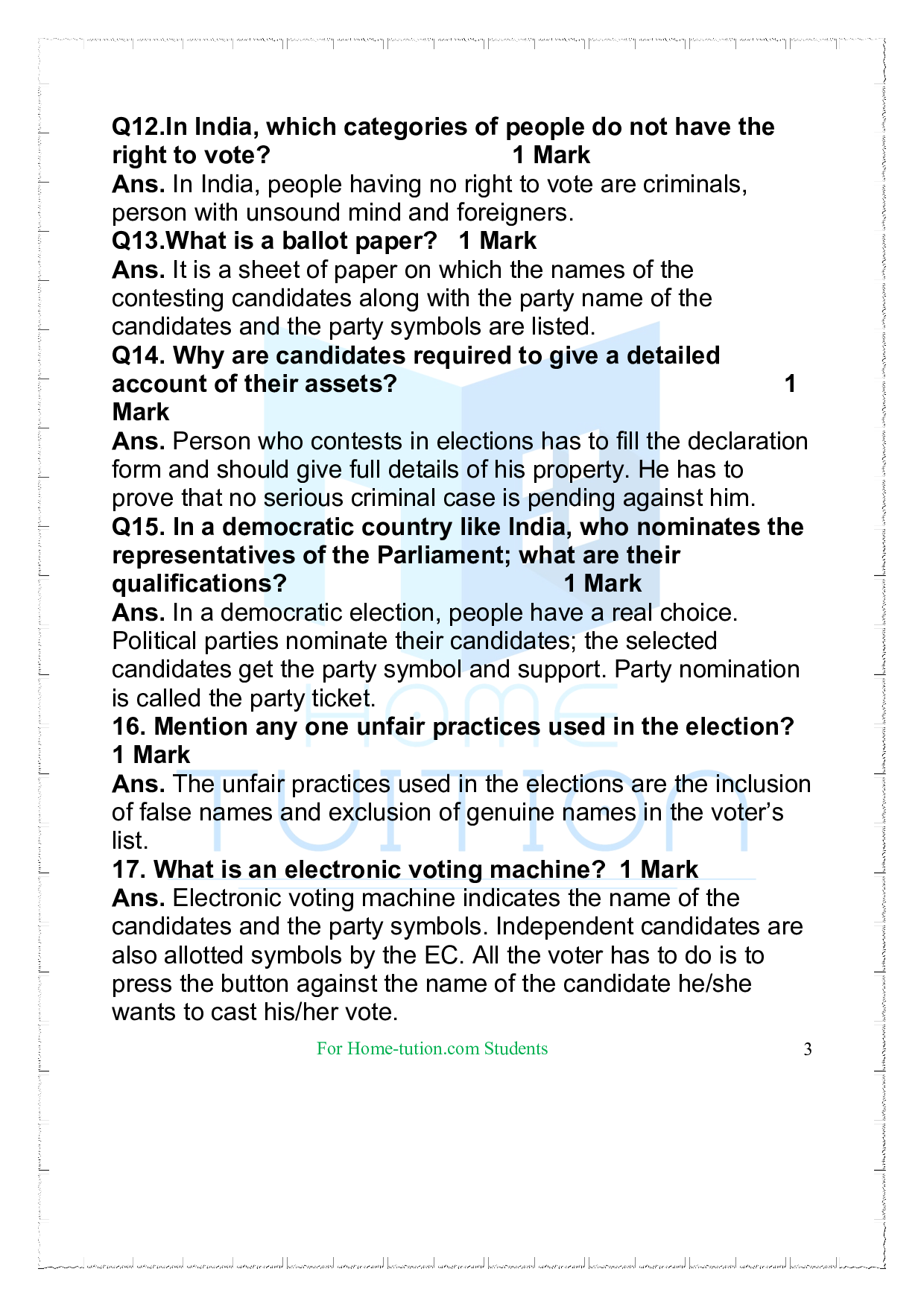 Questions for Class 9 Civics Chapter 3 Electoral Politics