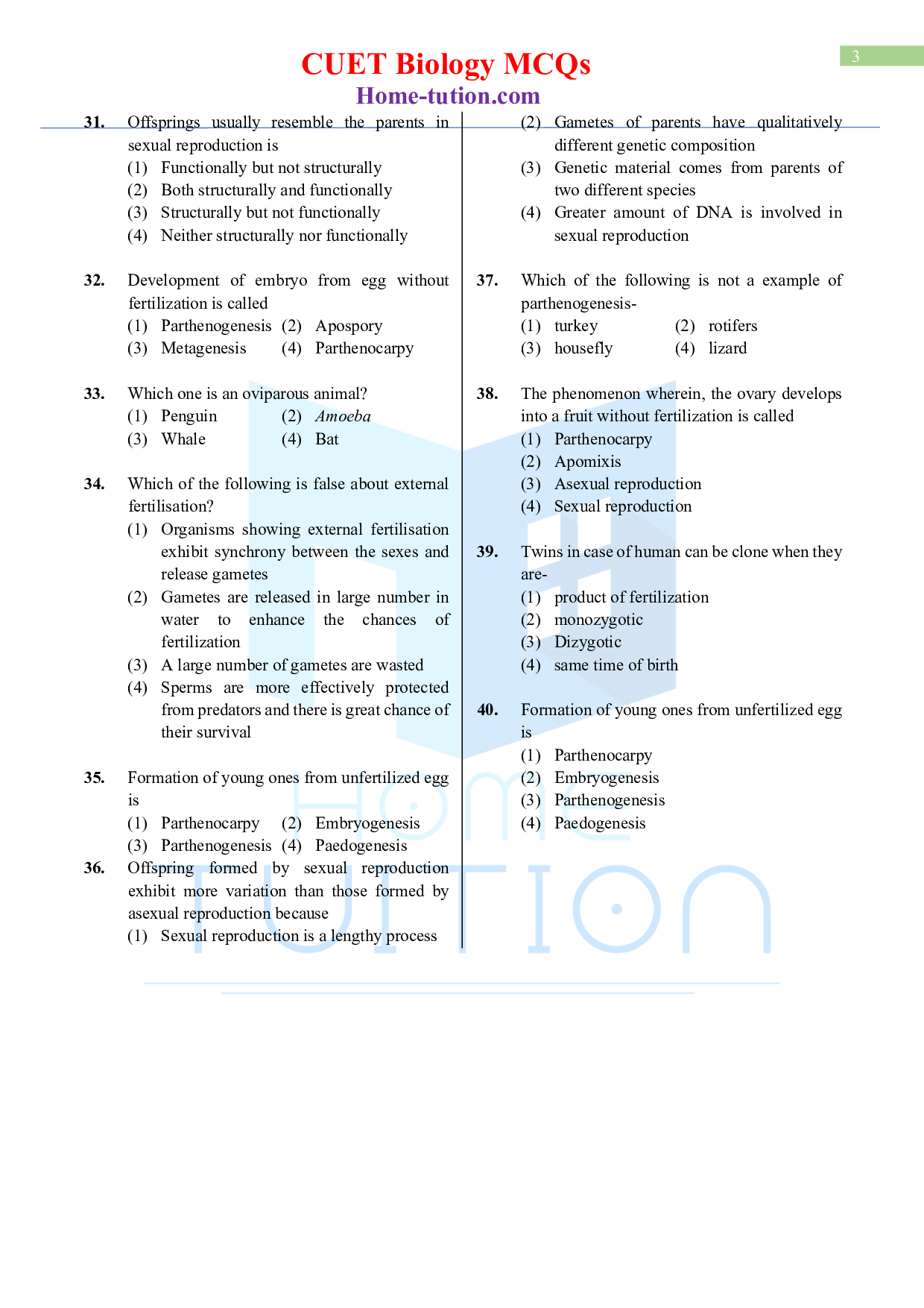 Biology MCQ Questions for CUET Chapter 1 Reproduction in Organisms