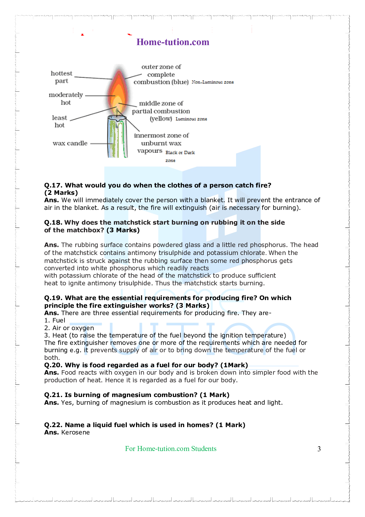 Important Questions for Chapter -6 Combustion and Flame