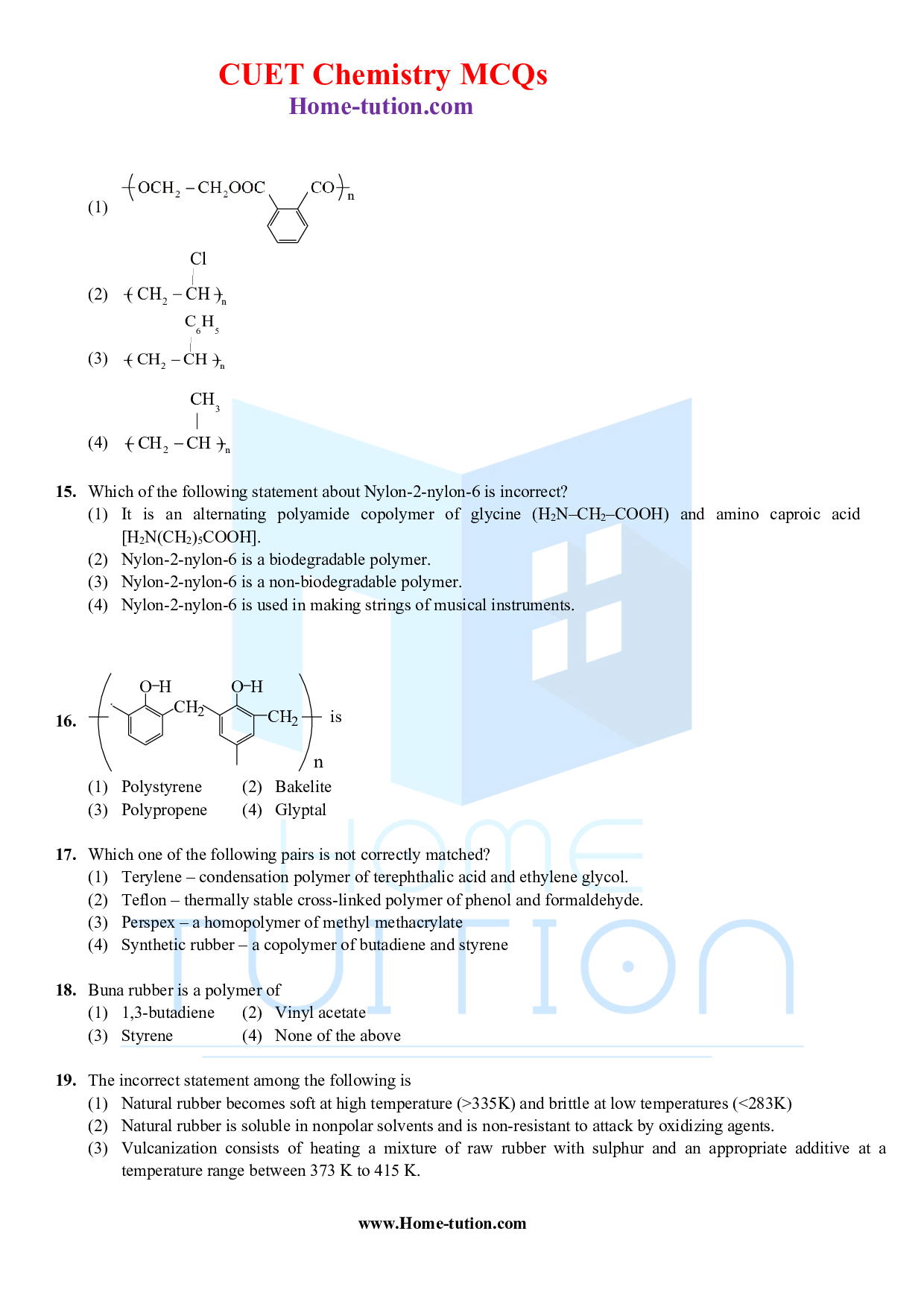 CUET MCQ Questions For Chapter 15 Polymer
