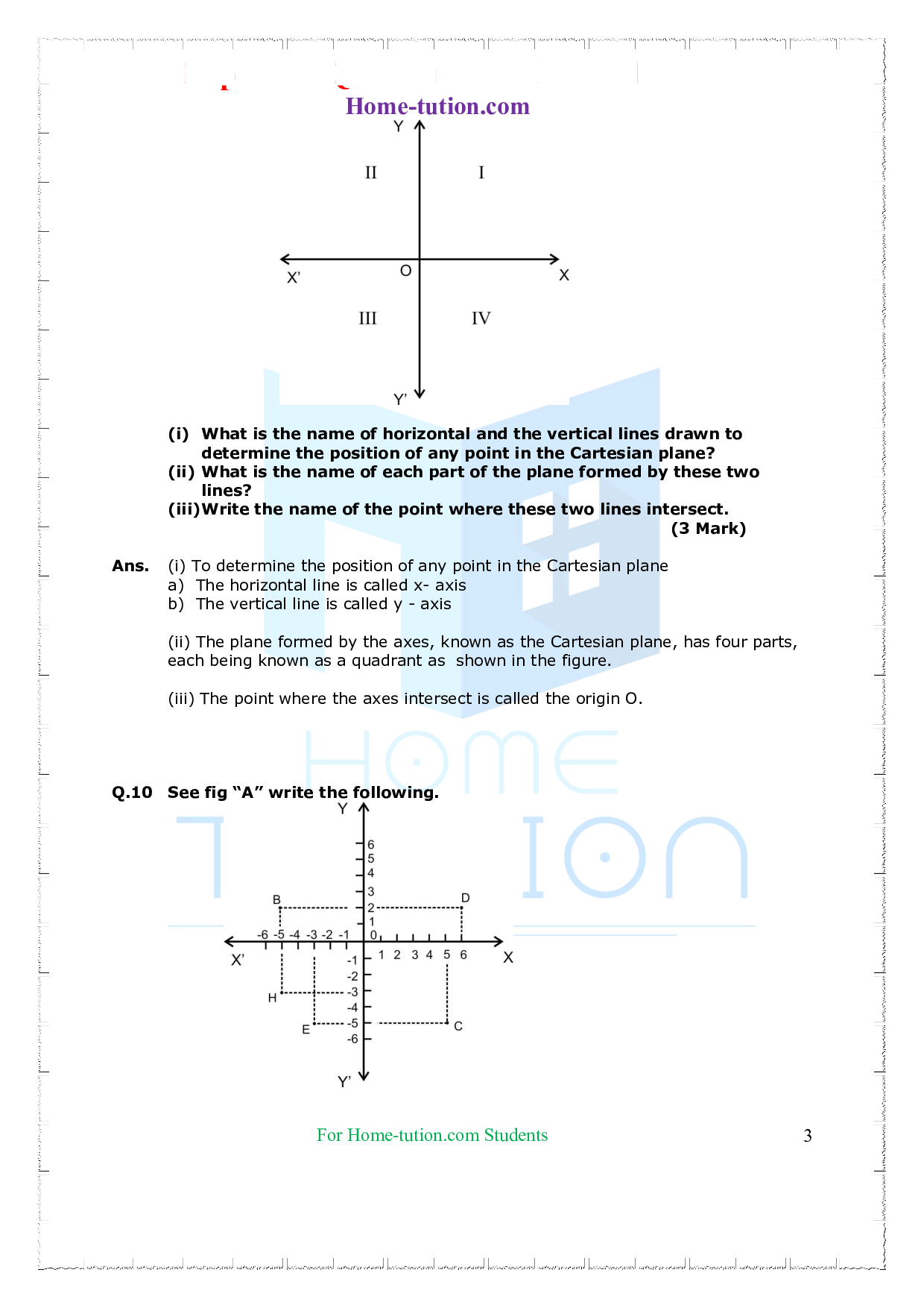 Questions for Class 9 Maths Chapter 3 Coordinate Geometry