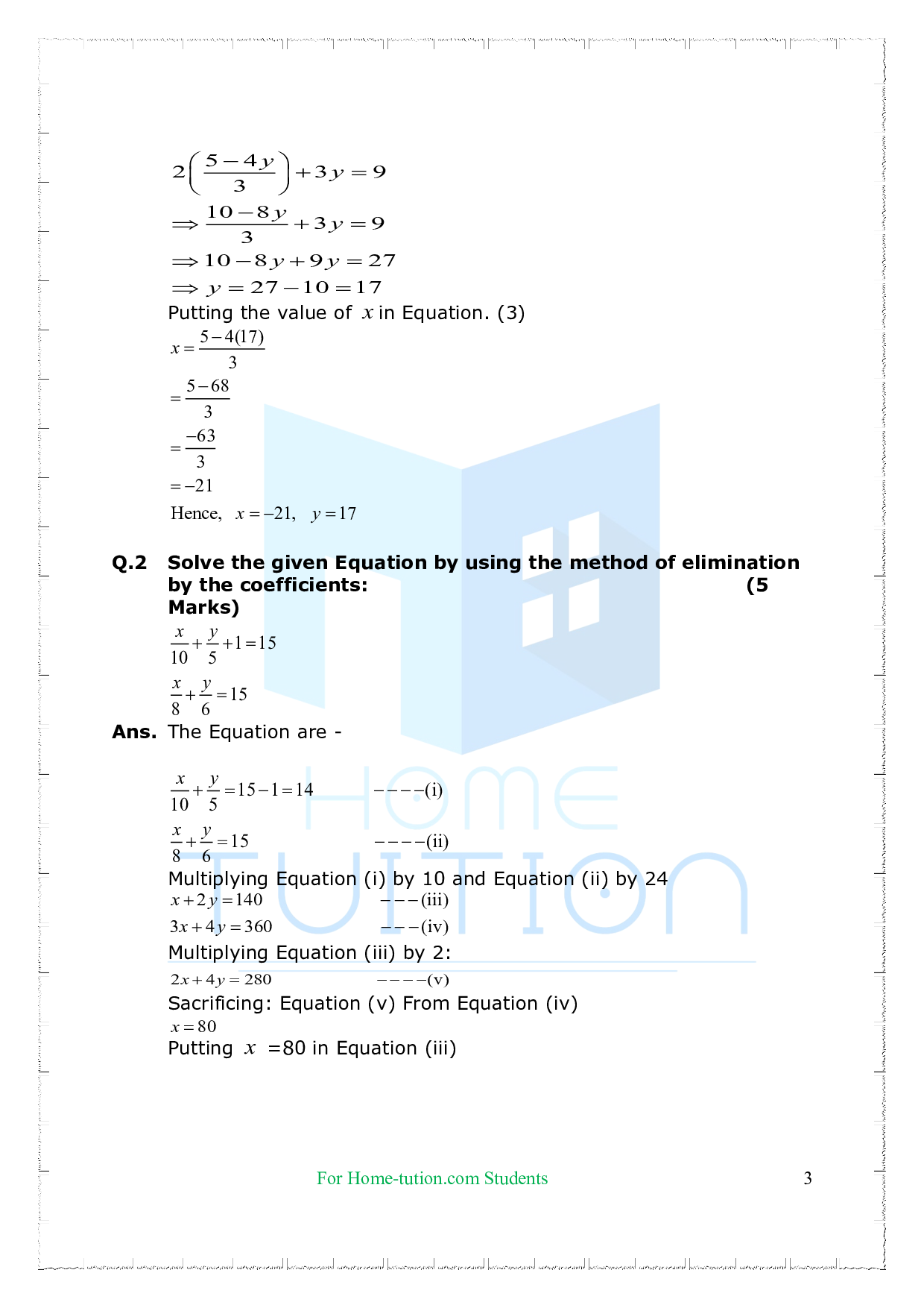 Chapter 3 Pair of Linear Equations in Two Variable Questions