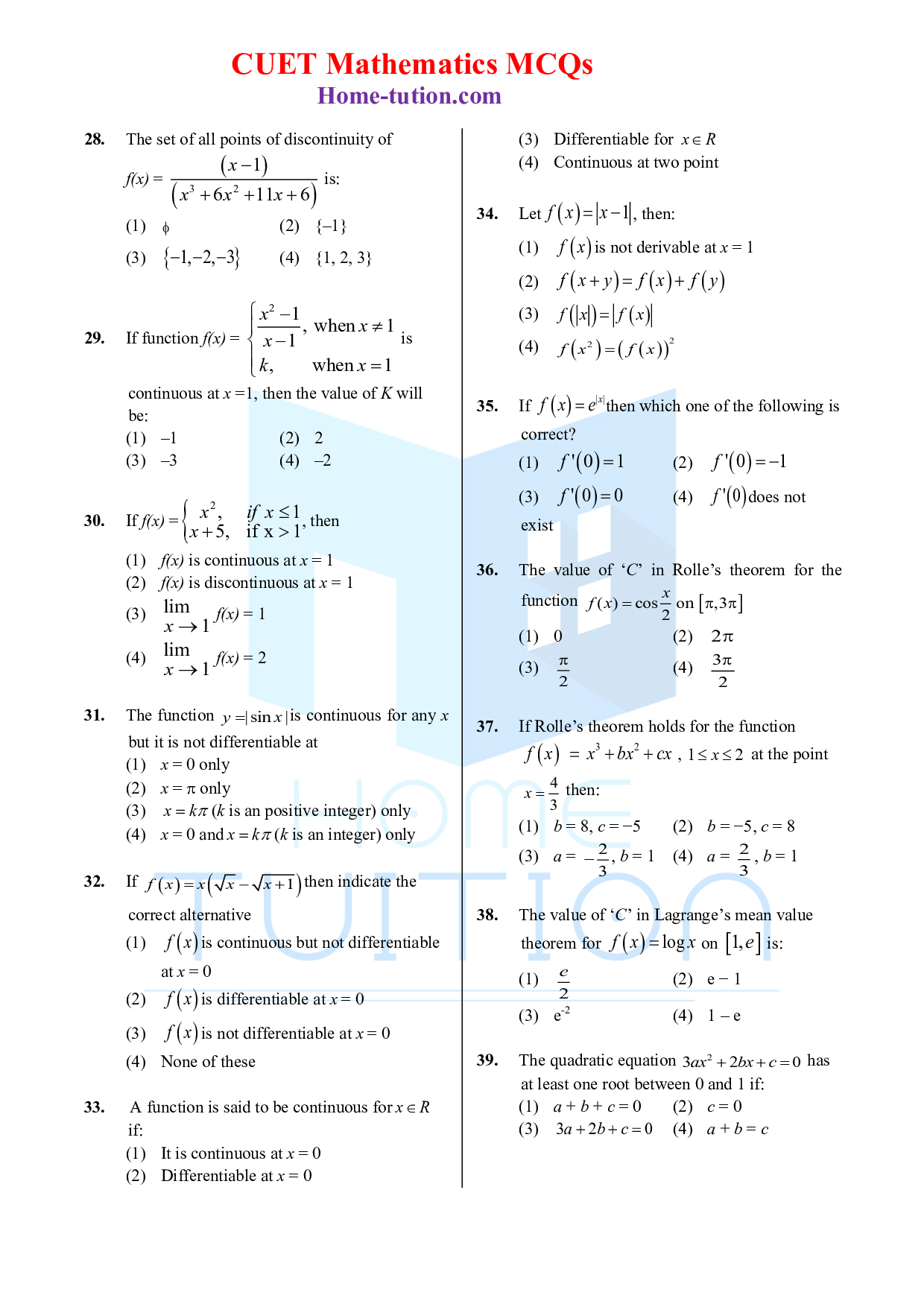 CUET MCQ Questions For Maths Chapter-8 Limit, Continuity and Differentiability
