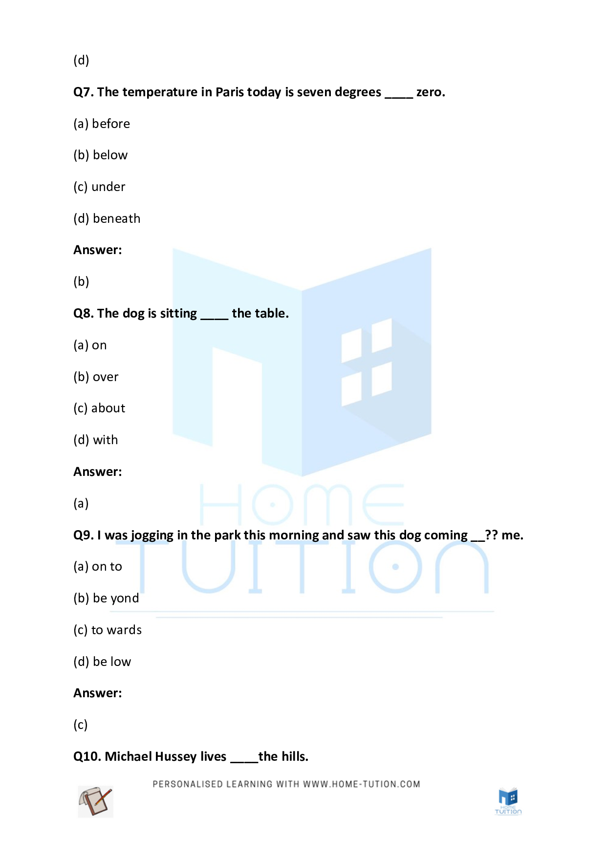 CBSE Class 5 English Preposition Worksheet PDF 