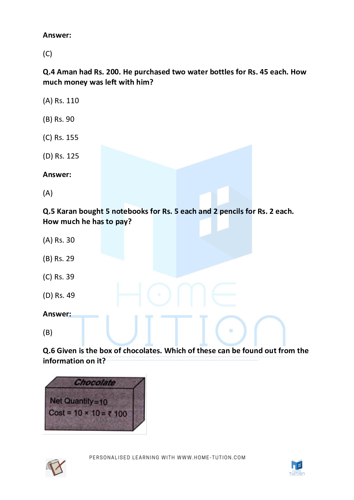 CBSE Class 3 Maths Money Worksheet with Answers PDF 