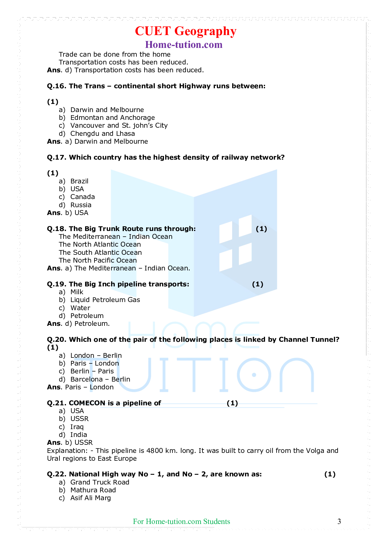 CUET Fundamentals of Human Geography Chapter 8 Transport and Communication