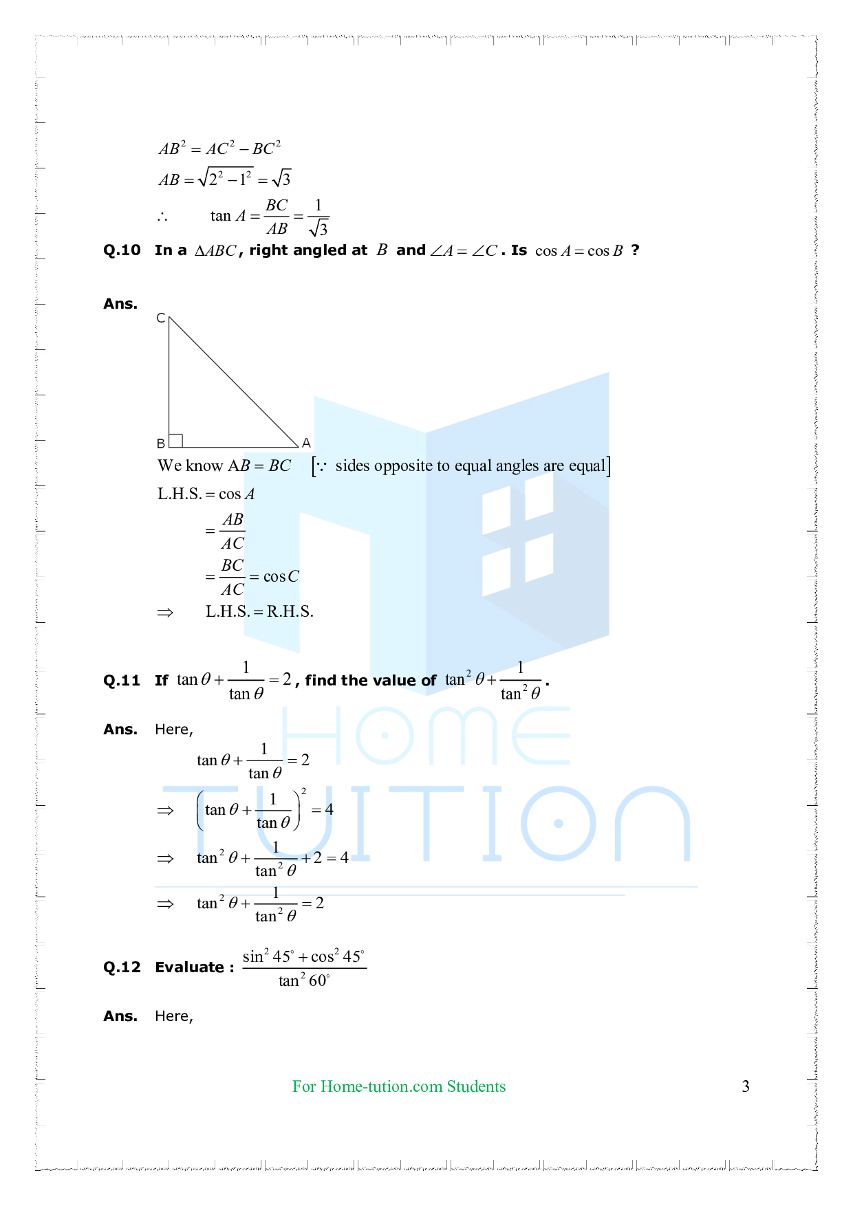 Chapter-8 Introduction to Trigonometry Questions