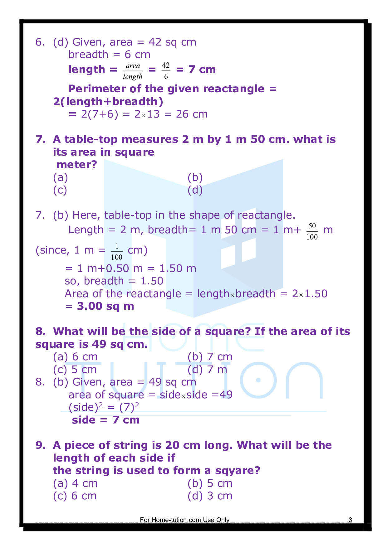 Questions for Chapter 10 Mensuration 