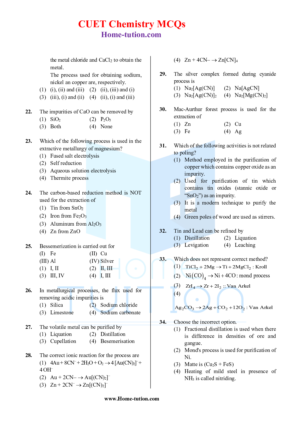 CUET MCQ Questions For Chapter-06 General Principles and Processes of Isolation of Elements
